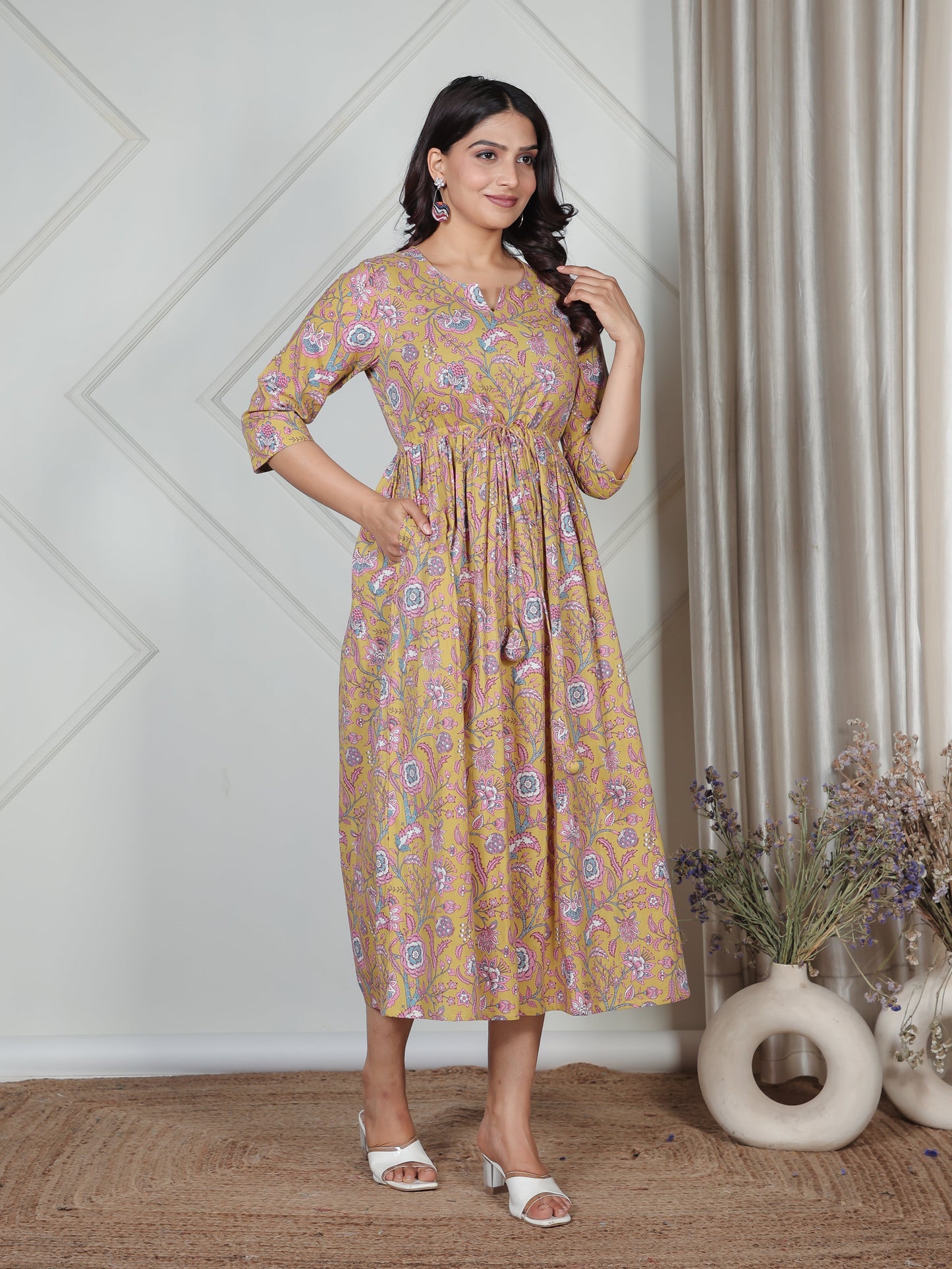 Soft Cotton Floral Gathered Yellow Dress