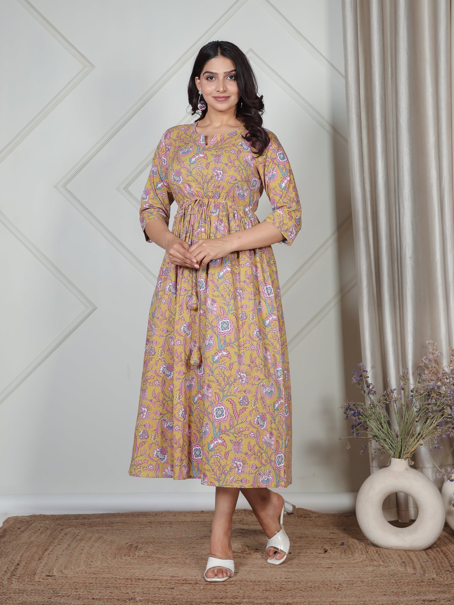 Soft Cotton Floral Gathered Yellow Dress