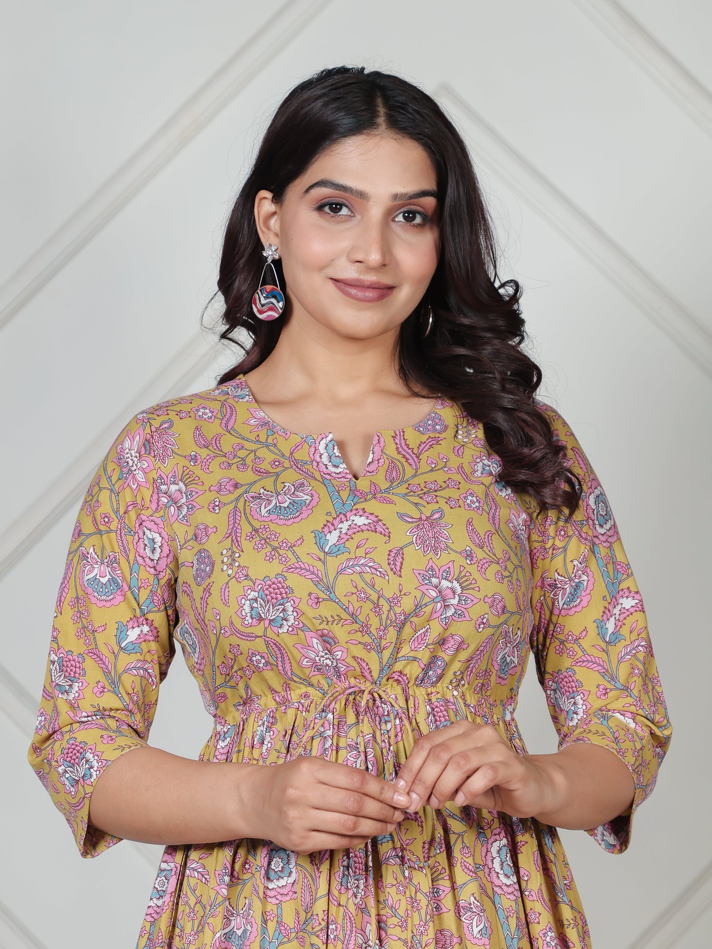 Soft Cotton Floral Gathered Yellow Dress