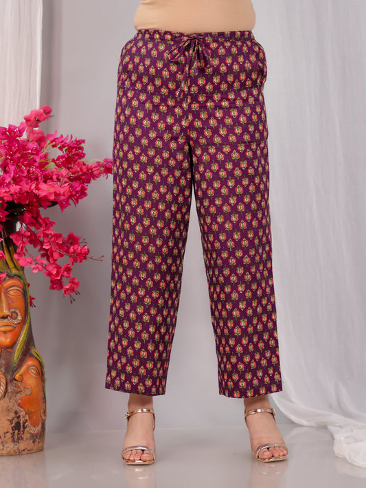 Soft Cotton Floral Wine Straight Trousers