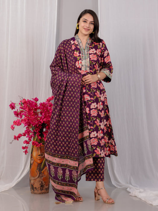 Cotton Voile Floral Wine Dupatta