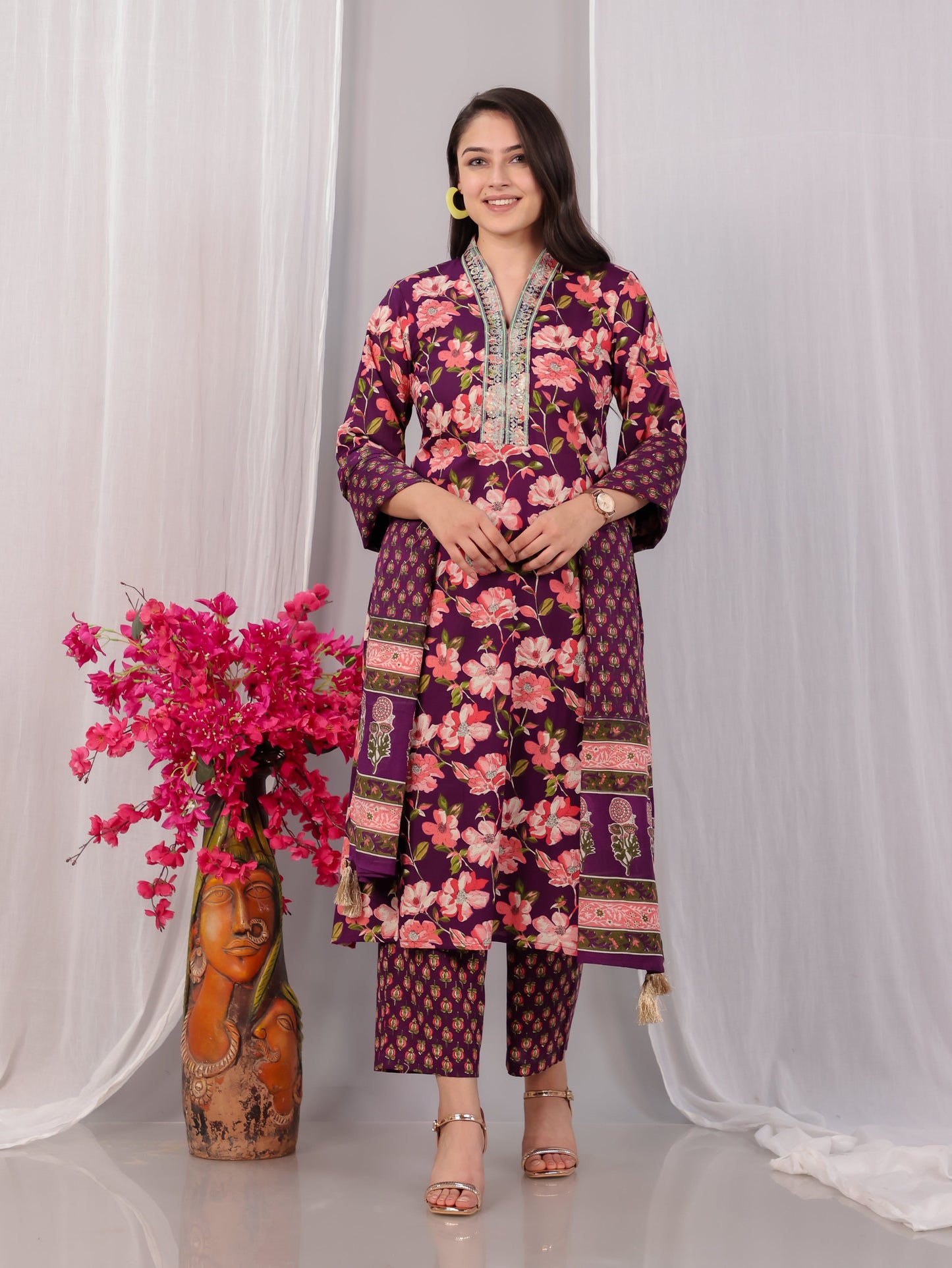 Cotton Voile Floral Wine Dupatta