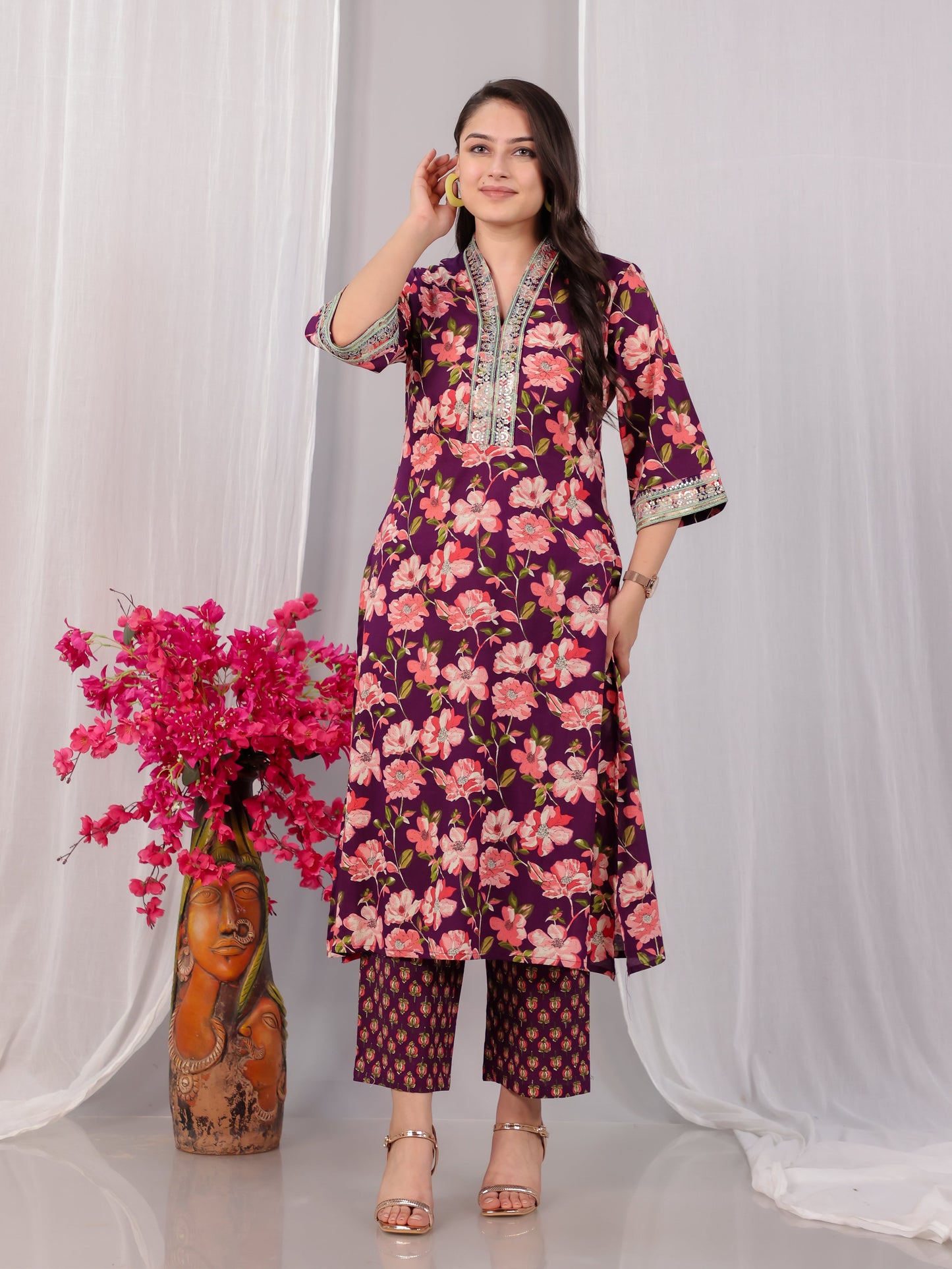 Embroidered Soft Cotton Floral Straight Wine Kurta