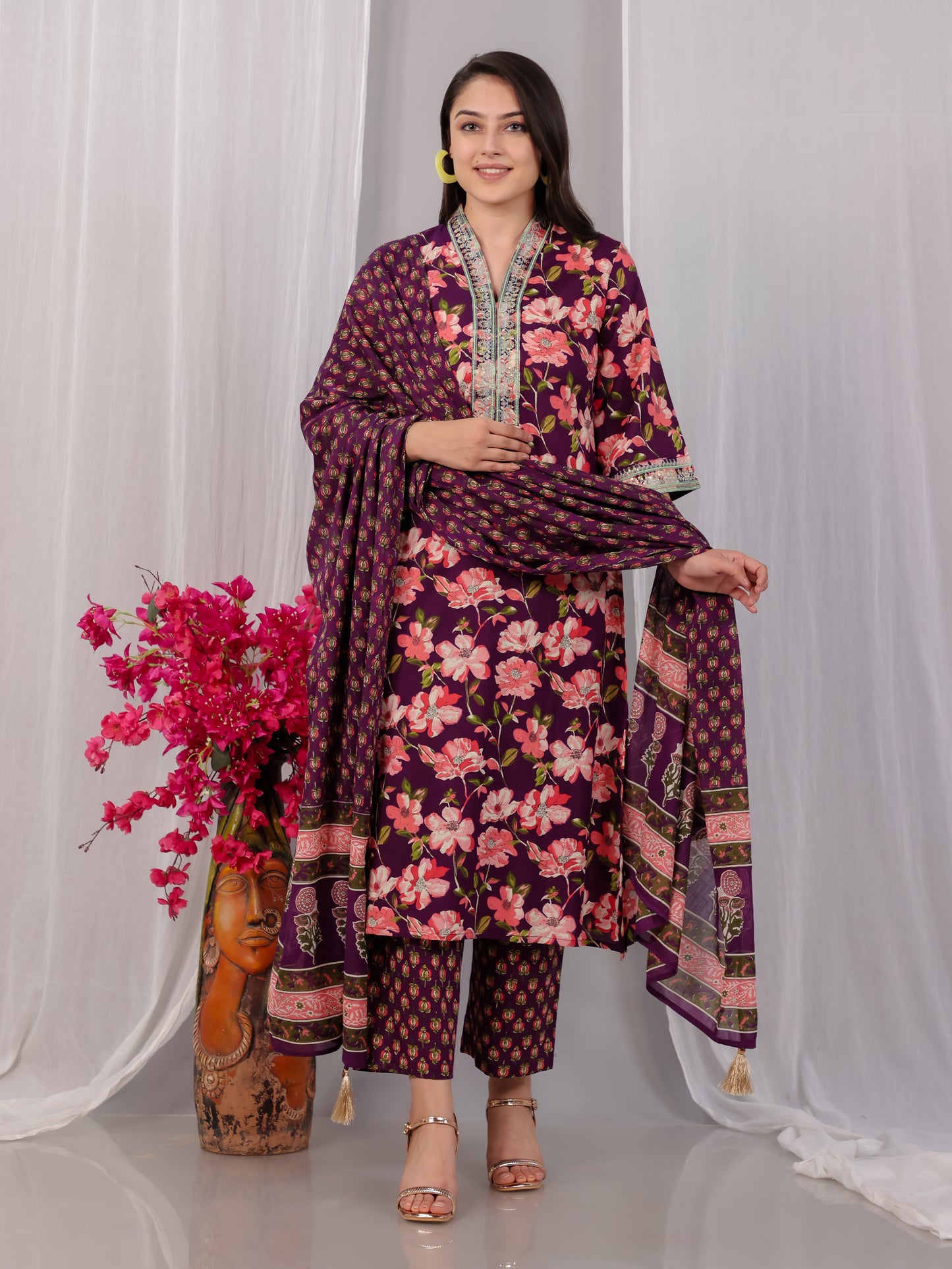 Embroidered Soft Cotton Floral Straight Wine Kurta