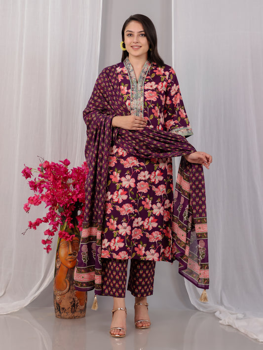 Embroidered Soft Cotton Floral Straight Wine Kurta