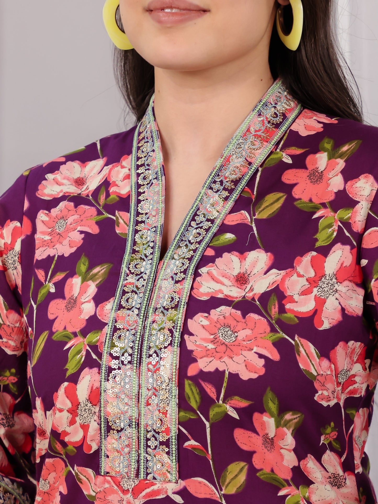 Embroidered Soft Cotton Floral Straight Wine Kurta