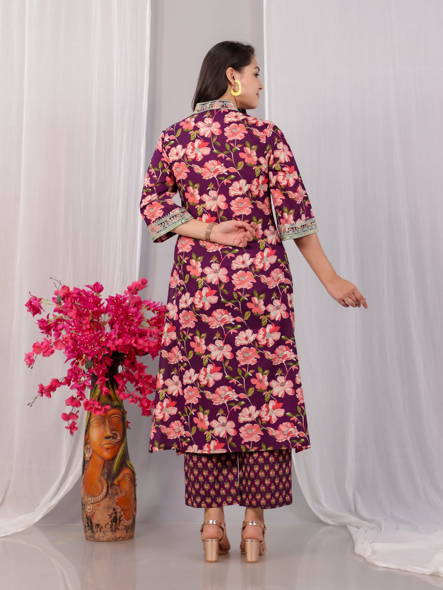 Embroidered Soft Cotton Floral Straight Wine Kurta