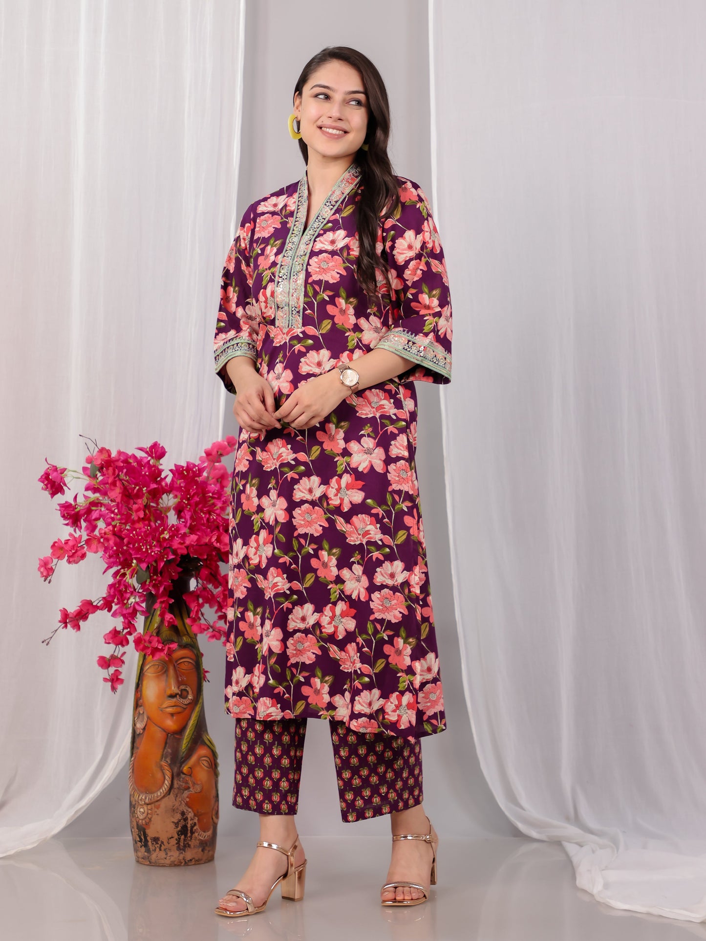 Embroidered Soft Cotton Floral Straight Wine Kurta