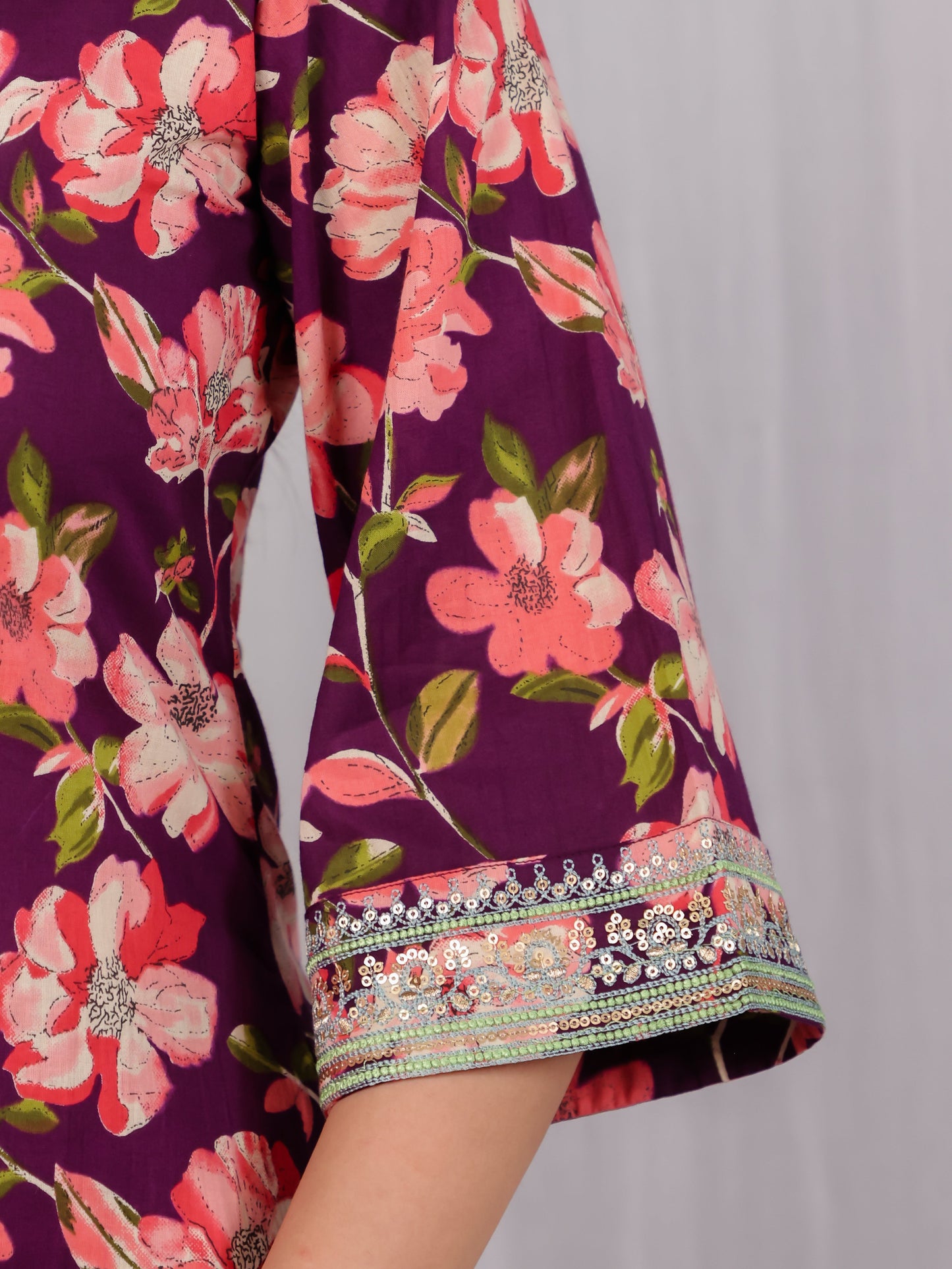 Embroidered Soft Cotton Floral Straight Wine Kurta