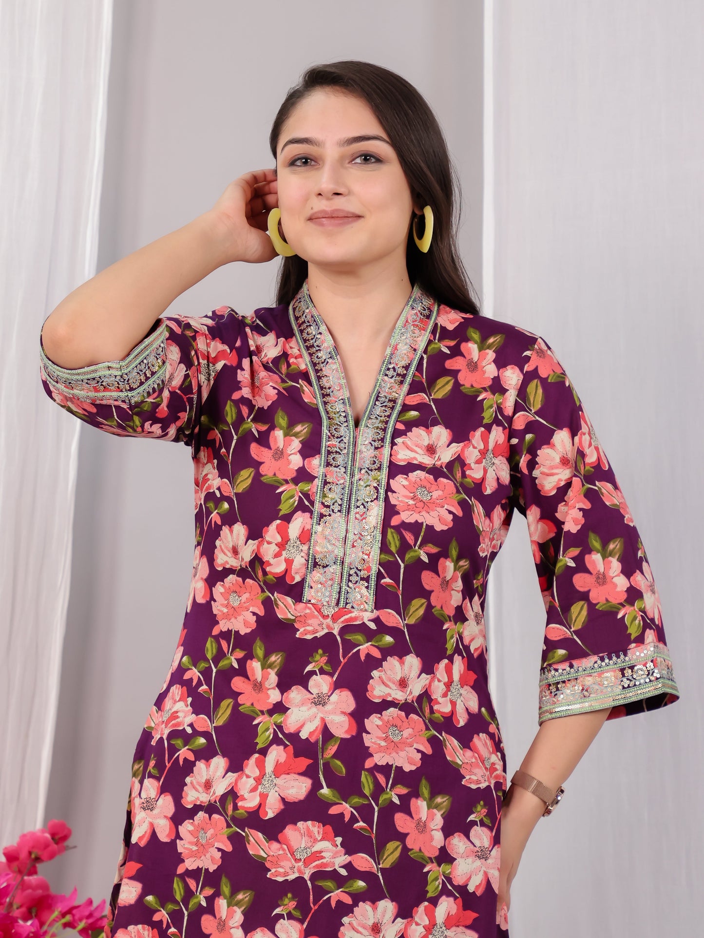 Embroidered Soft Cotton Floral Straight Wine Kurta