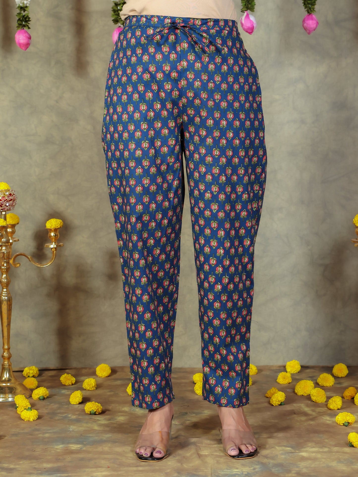 Soft Cotton Floral Blue Trousers  Tapered Trousers