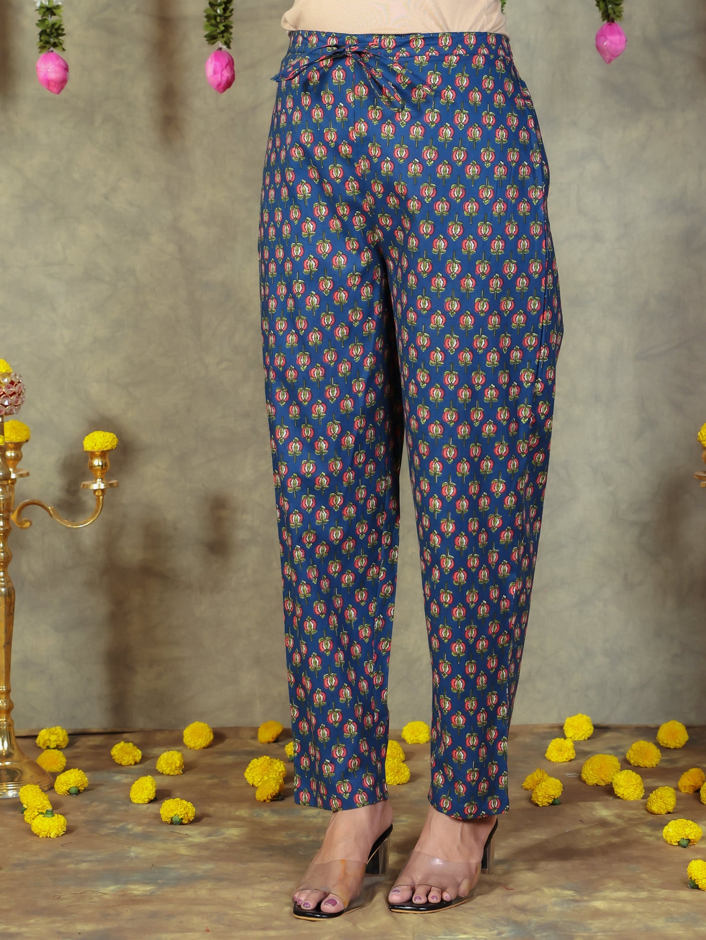 Soft Cotton Floral Blue Trousers  Tapered Trousers