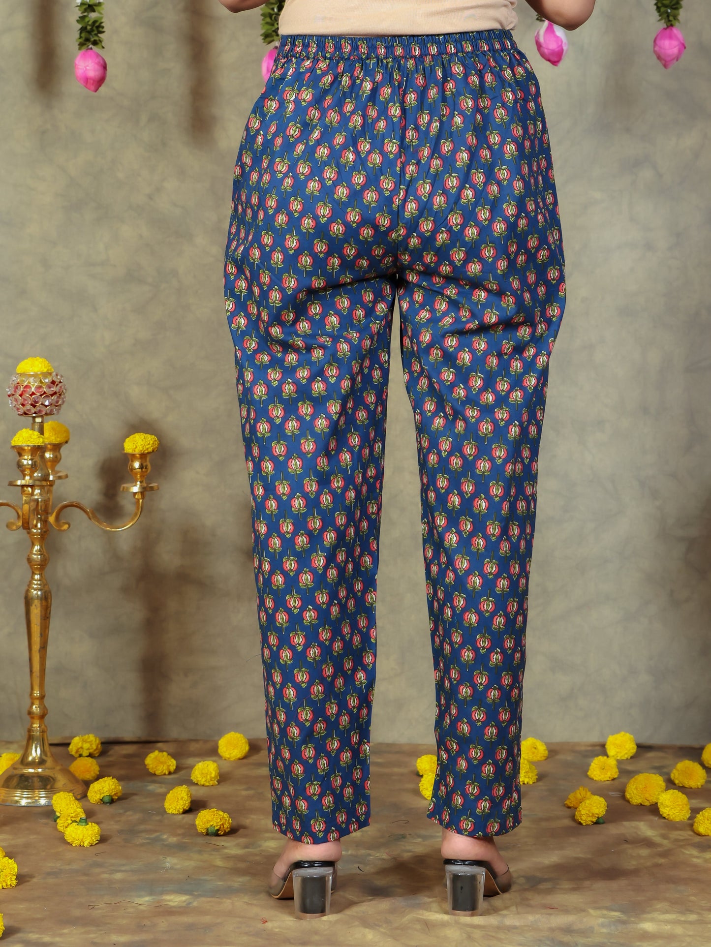 Soft Cotton Floral Blue Trousers  Tapered Trousers