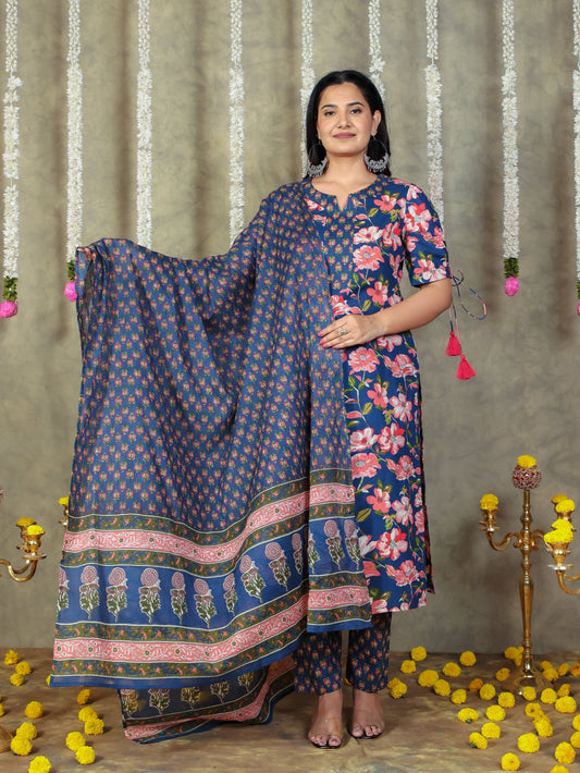 Cotton Voile Floral Blue Dupatta
