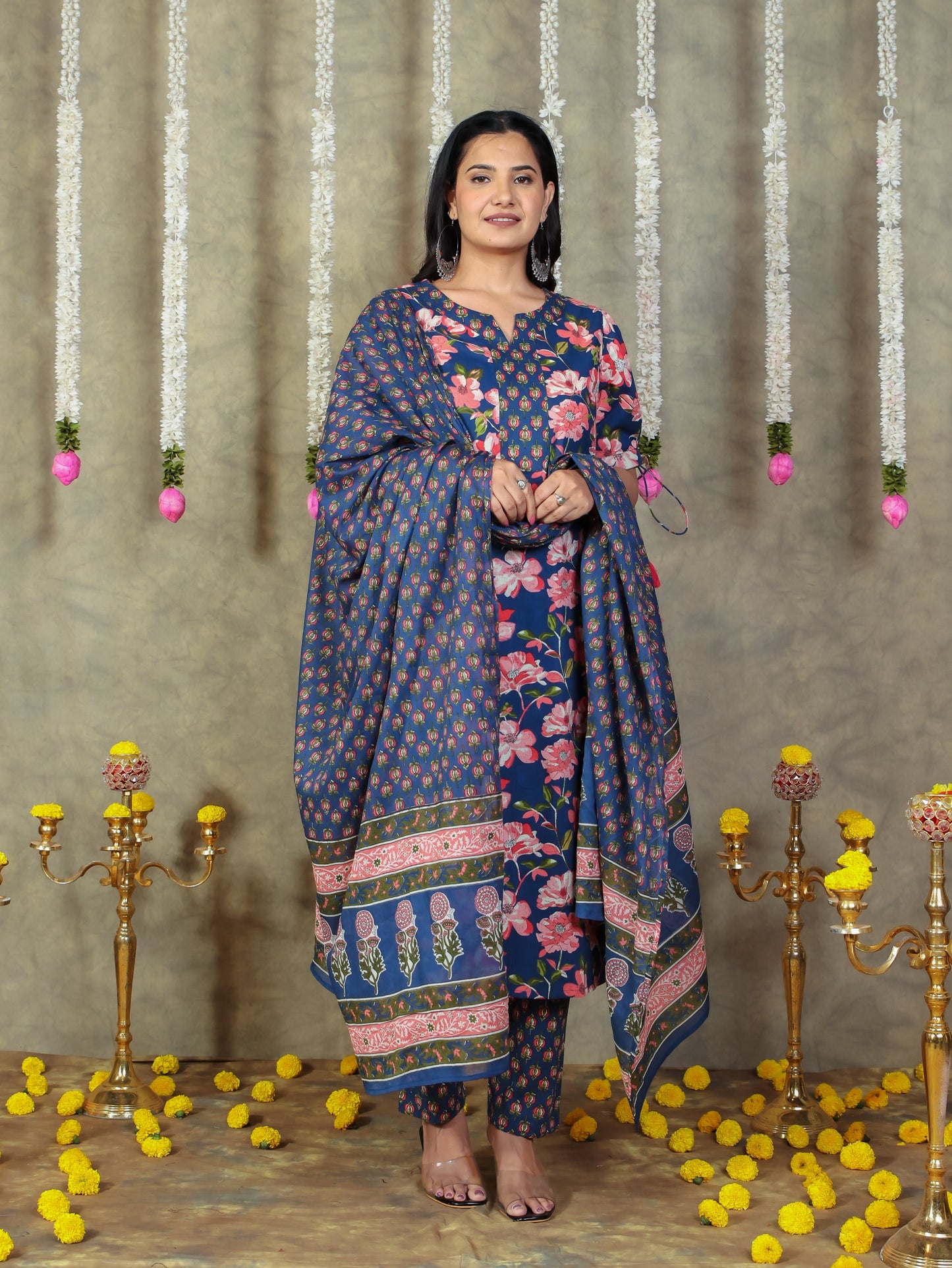 Cotton Voile Floral Blue Dupatta