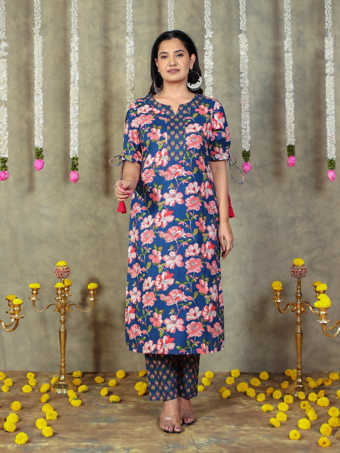 Soft Cotton Floral Straight Blue Kurta