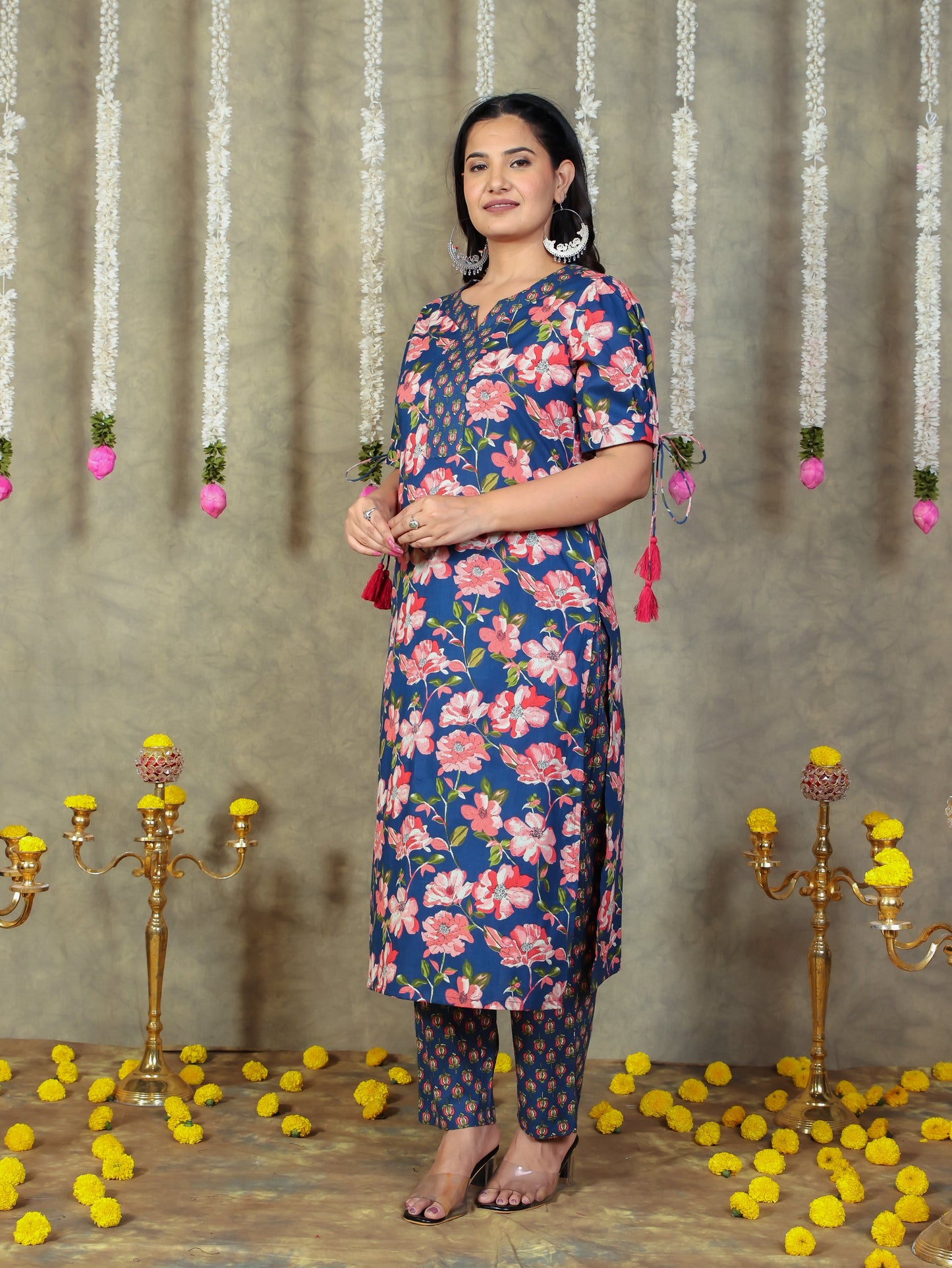 Soft Cotton Floral Straight Blue Kurta