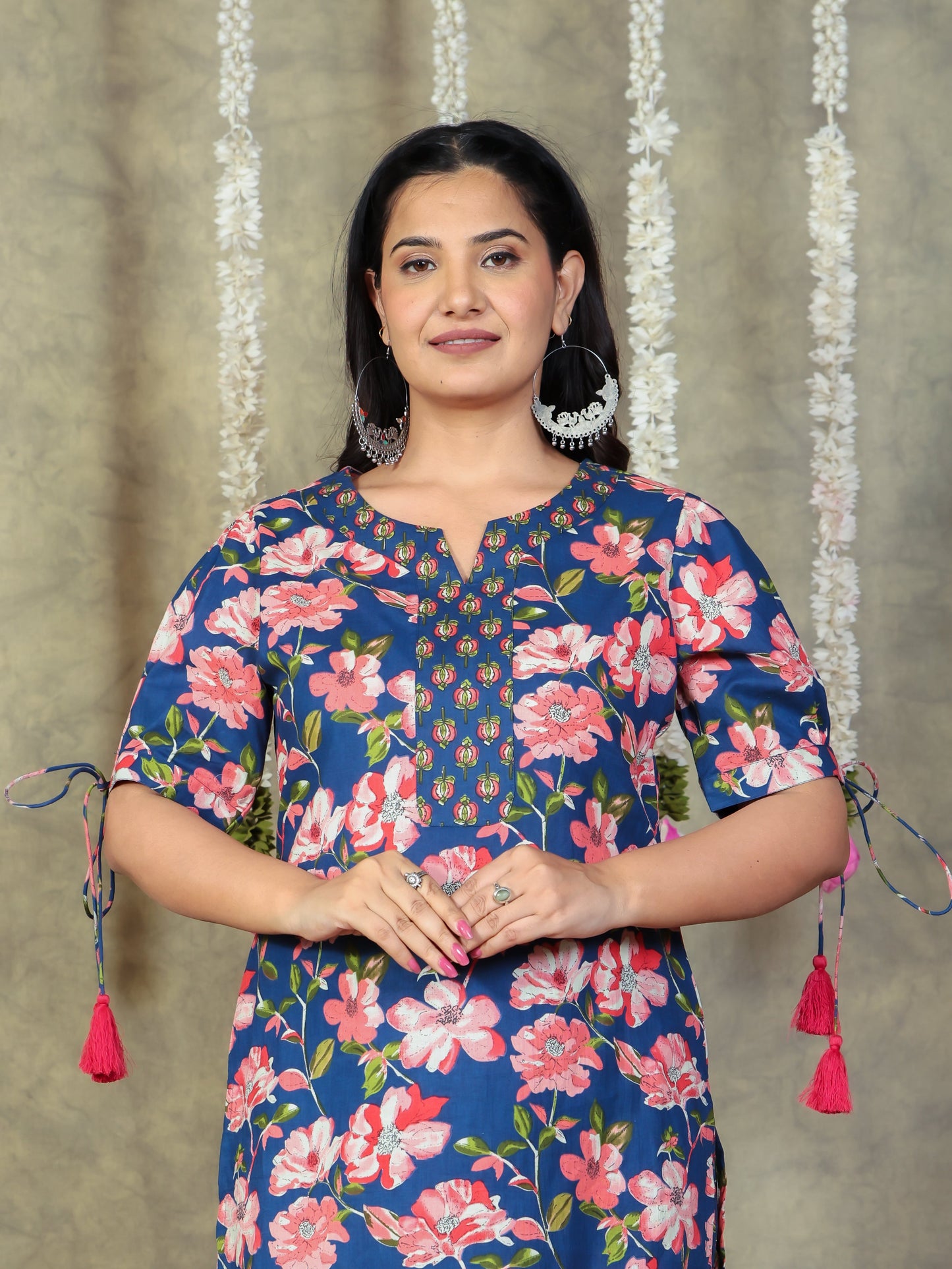 Soft Cotton Floral Straight Blue Kurta
