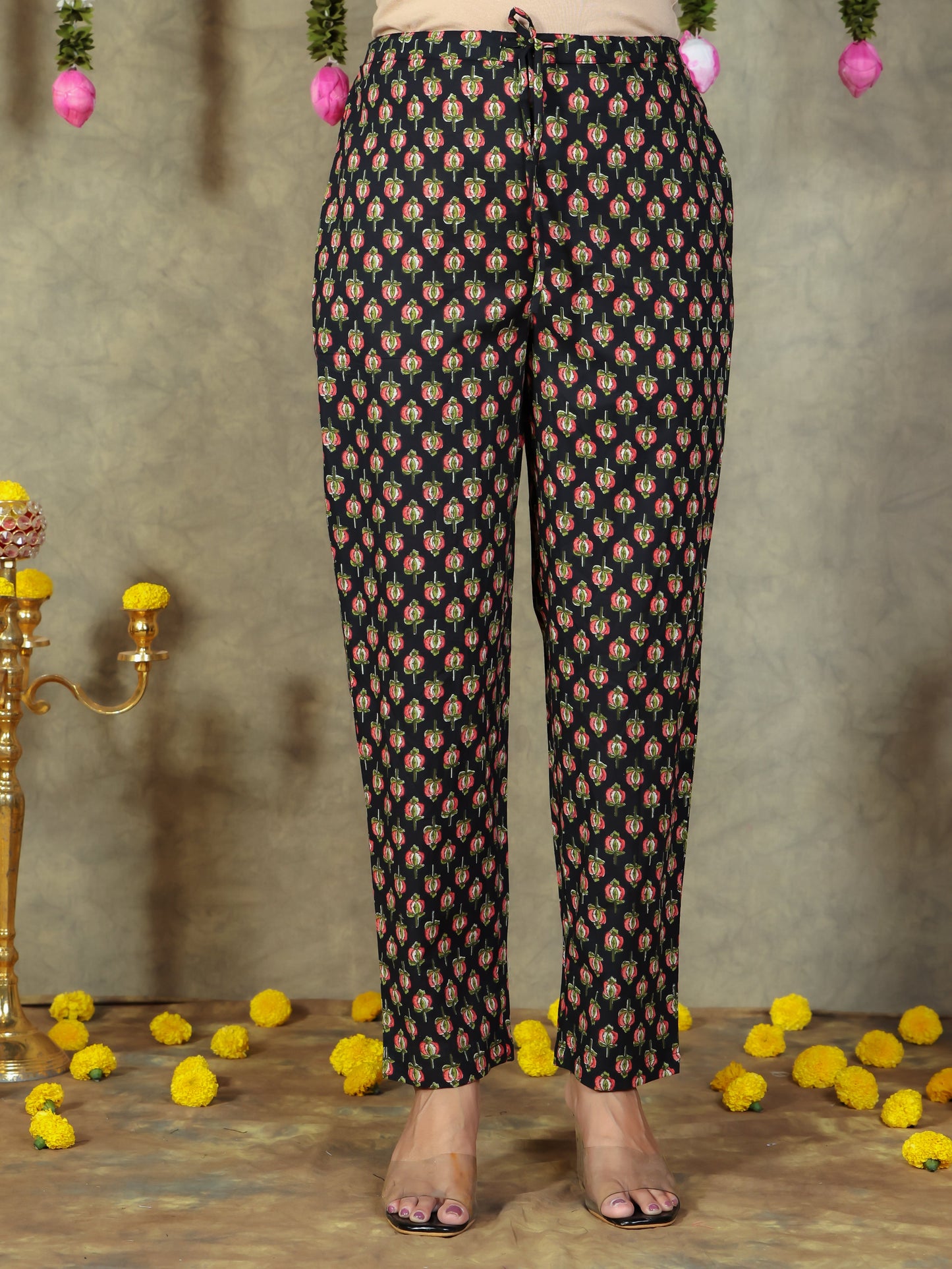 Soft Cotton Floral Black Tapered Trousers