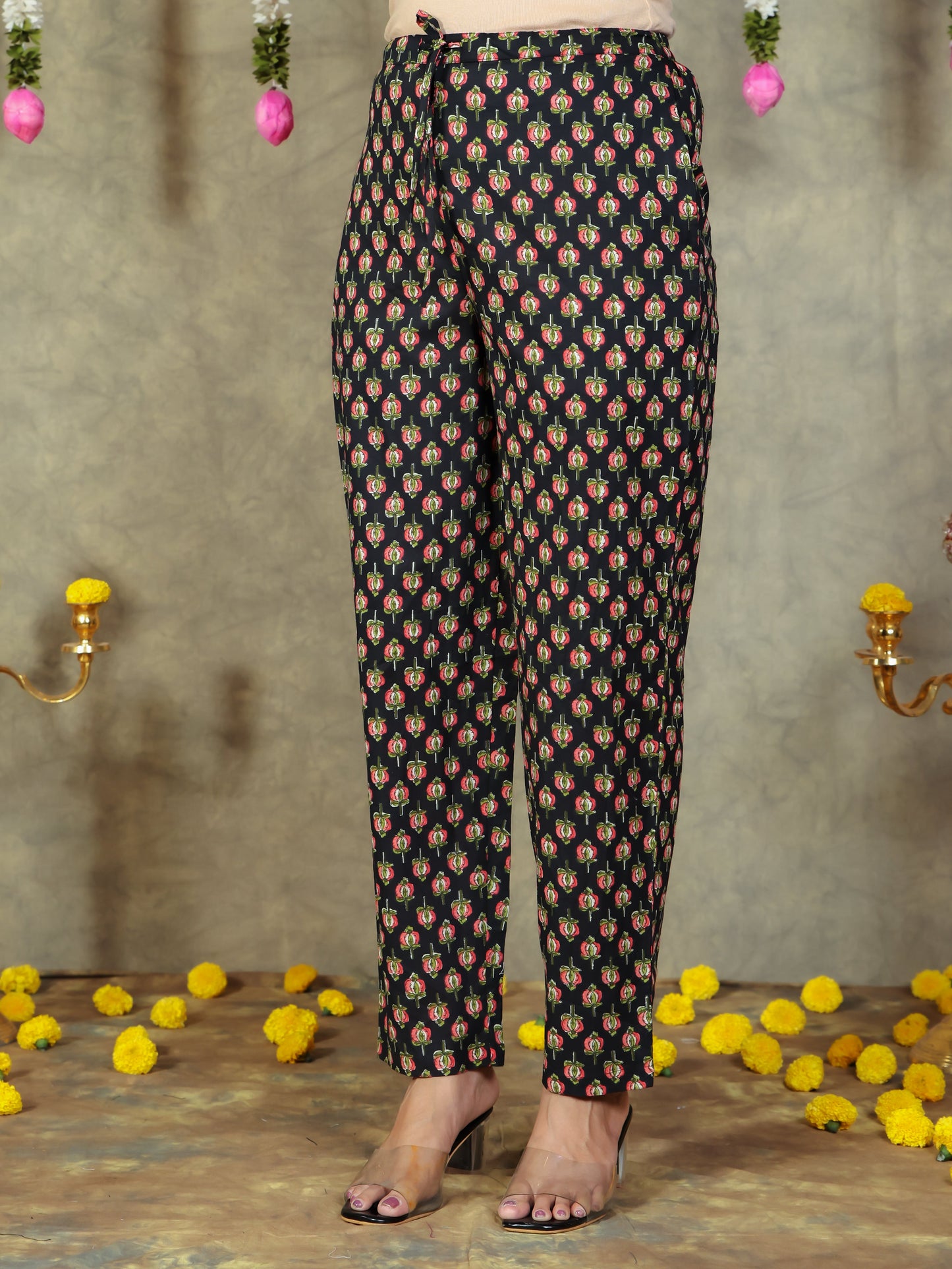 Soft Cotton Floral Black Tapered Trousers