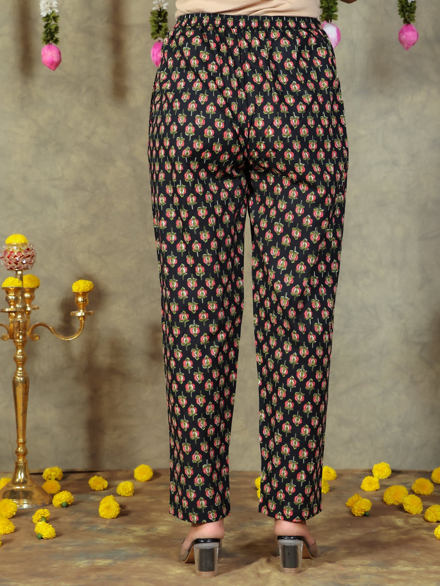 Soft Cotton Floral Black Tapered Trousers