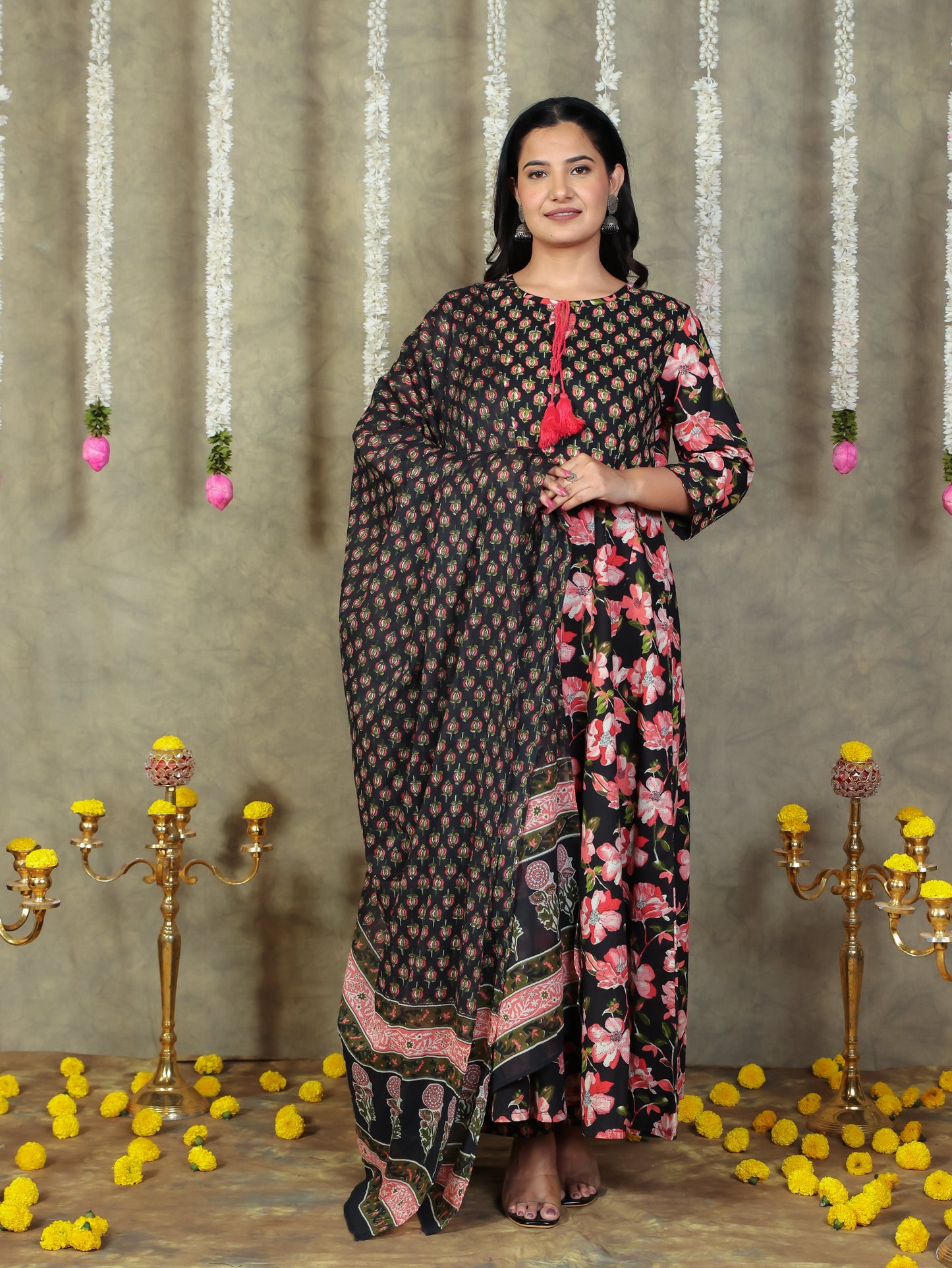 Cotton Voile Floral Black Dupatta