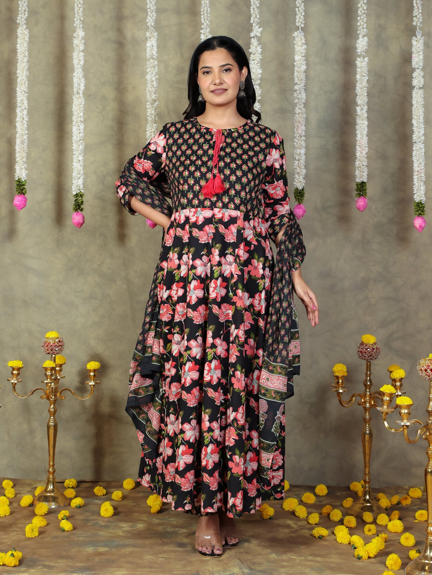 Cotton Voile Floral Black Dupatta