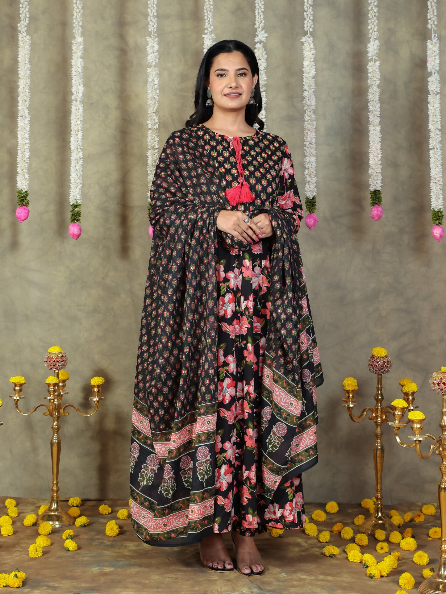 Soft Cotton Floral Flared Black Kurta