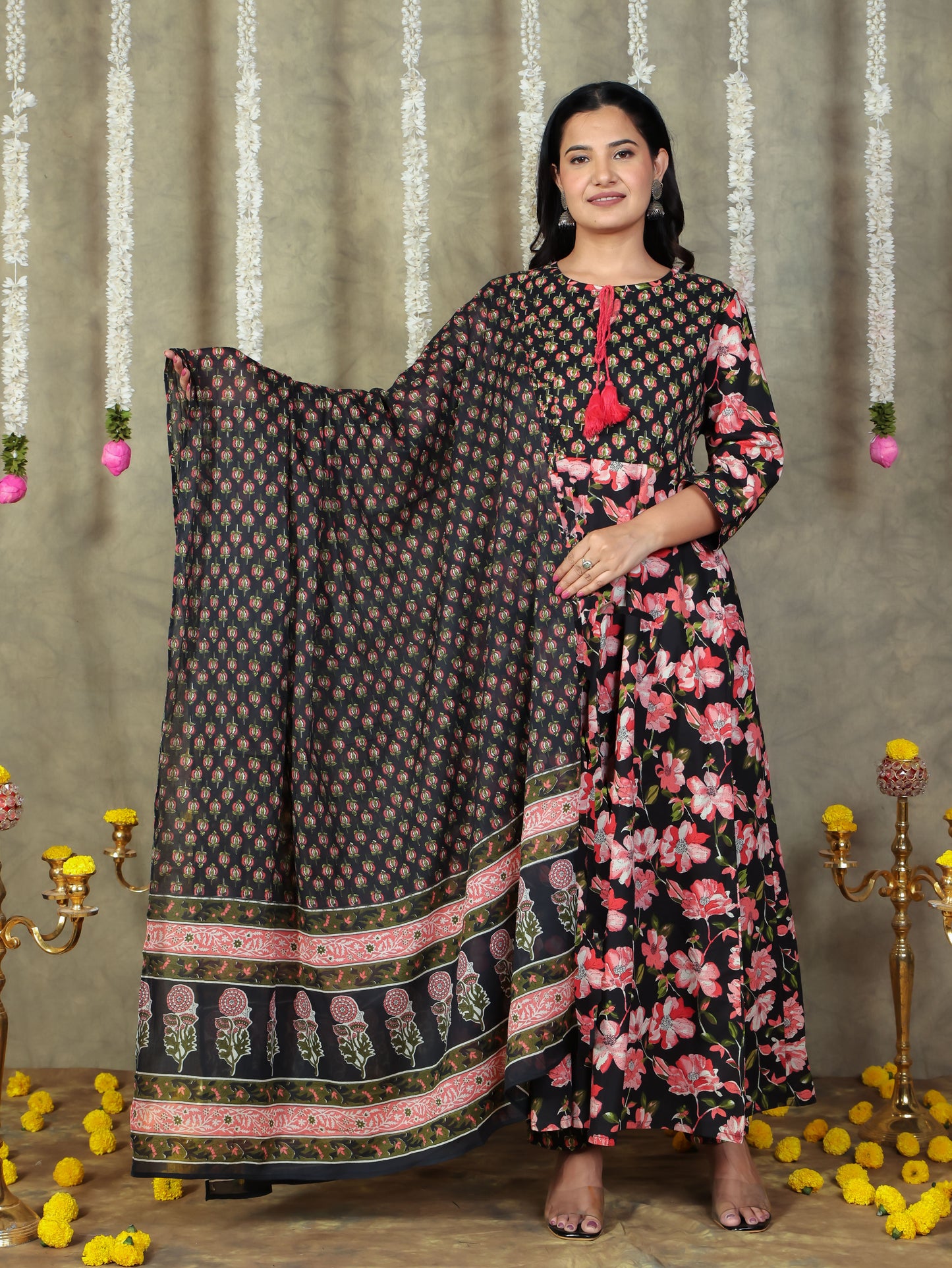 Soft Cotton Floral Flared Black Kurta