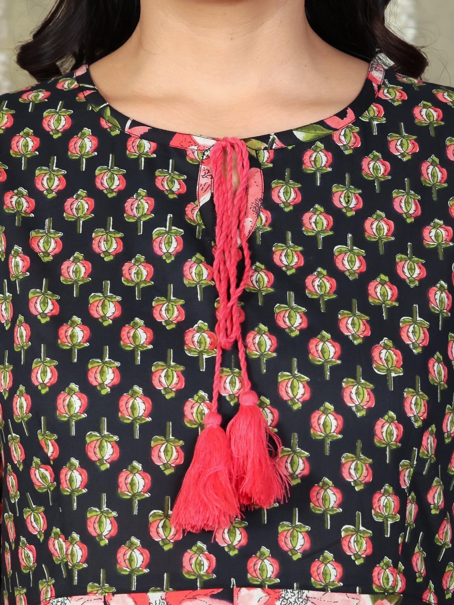 Soft Cotton Floral Flared Black Kurta