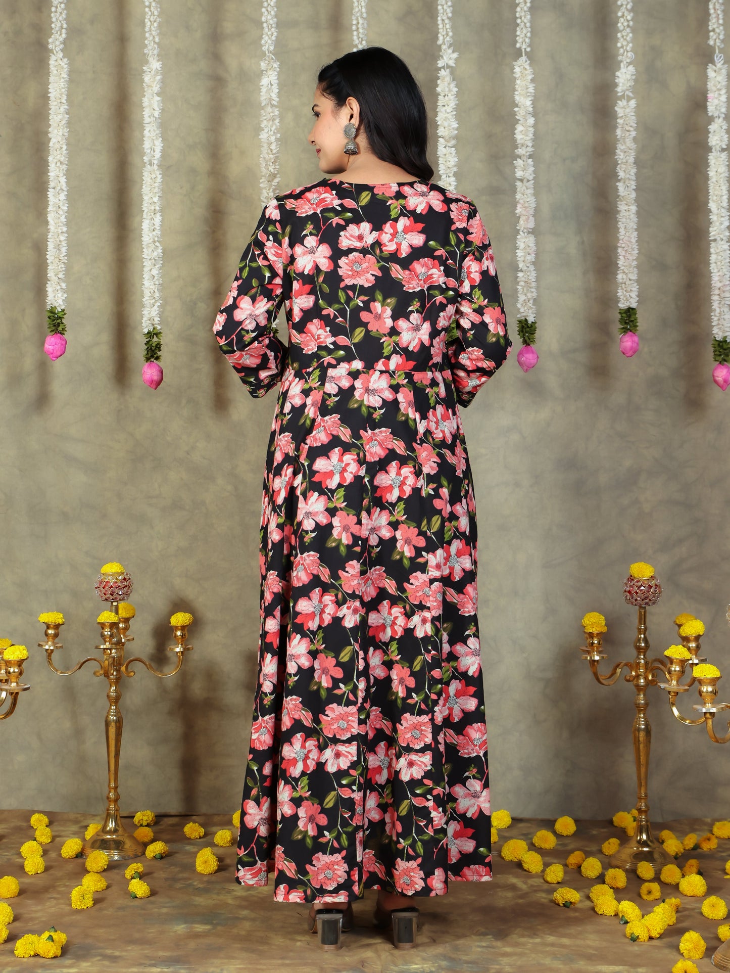 Soft Cotton Floral Flared Black Kurta