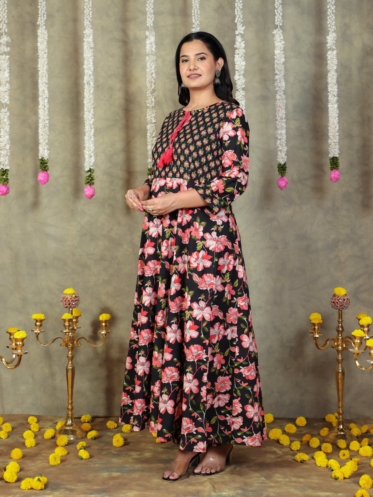 Soft Cotton Floral Flared Black Kurta