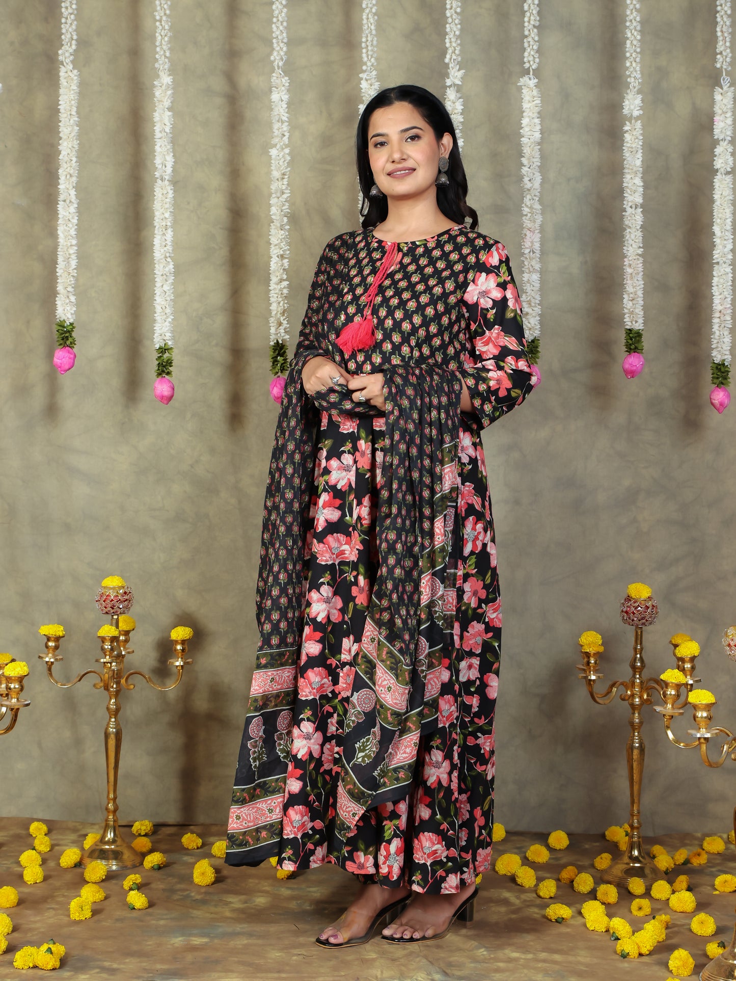 Soft Cotton Floral Flared Black Kurta