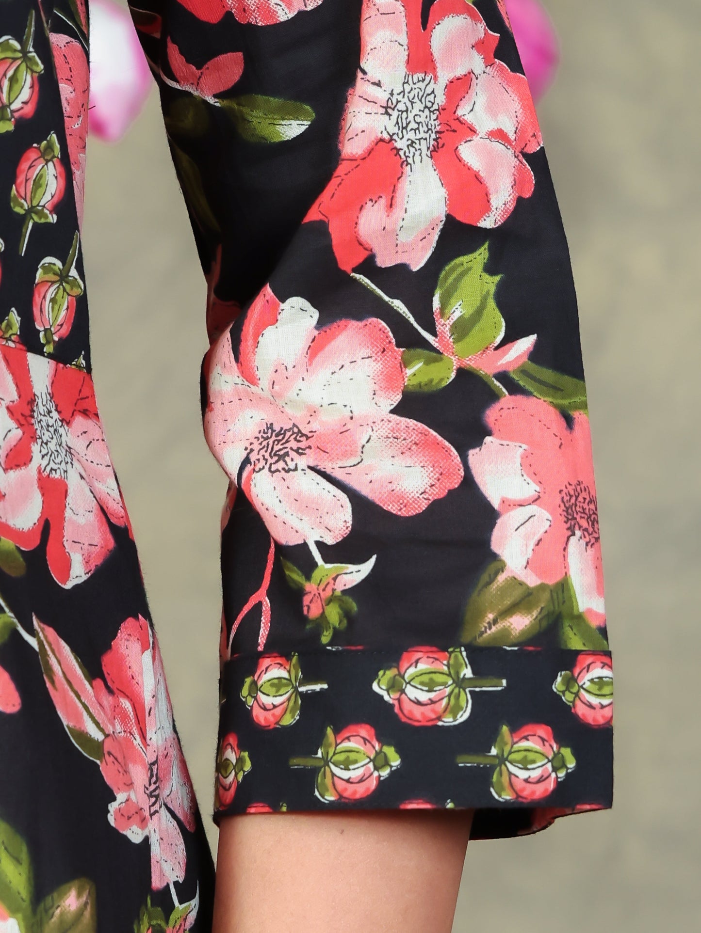 Soft Cotton Floral Flared Black Kurta