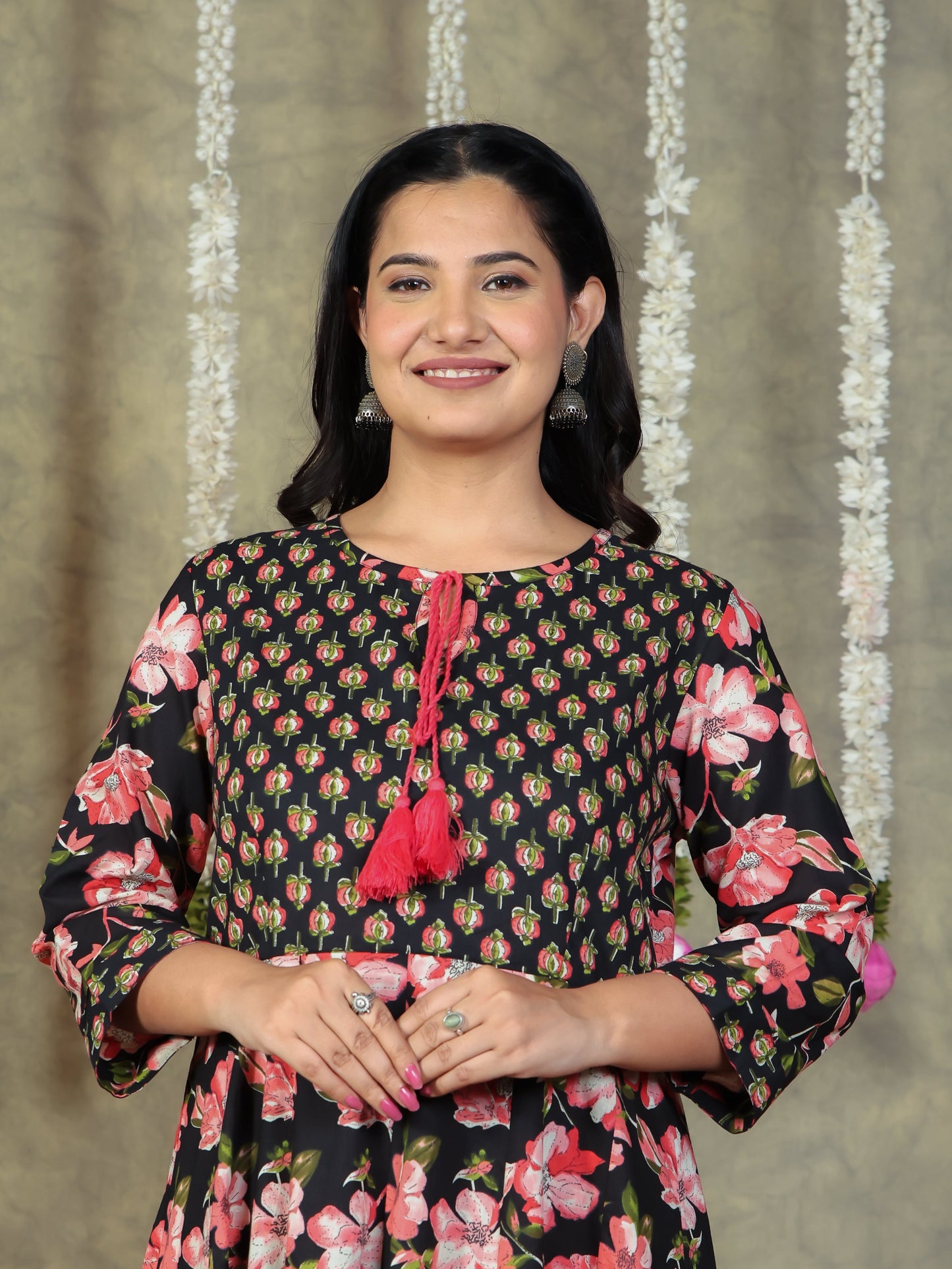 Soft Cotton Floral Flared Black Kurta