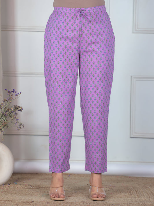 Soft Cotton Floral Purple Tapered Trousers