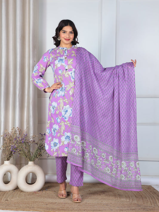 Cotton Voile Floral Purple Dupatta