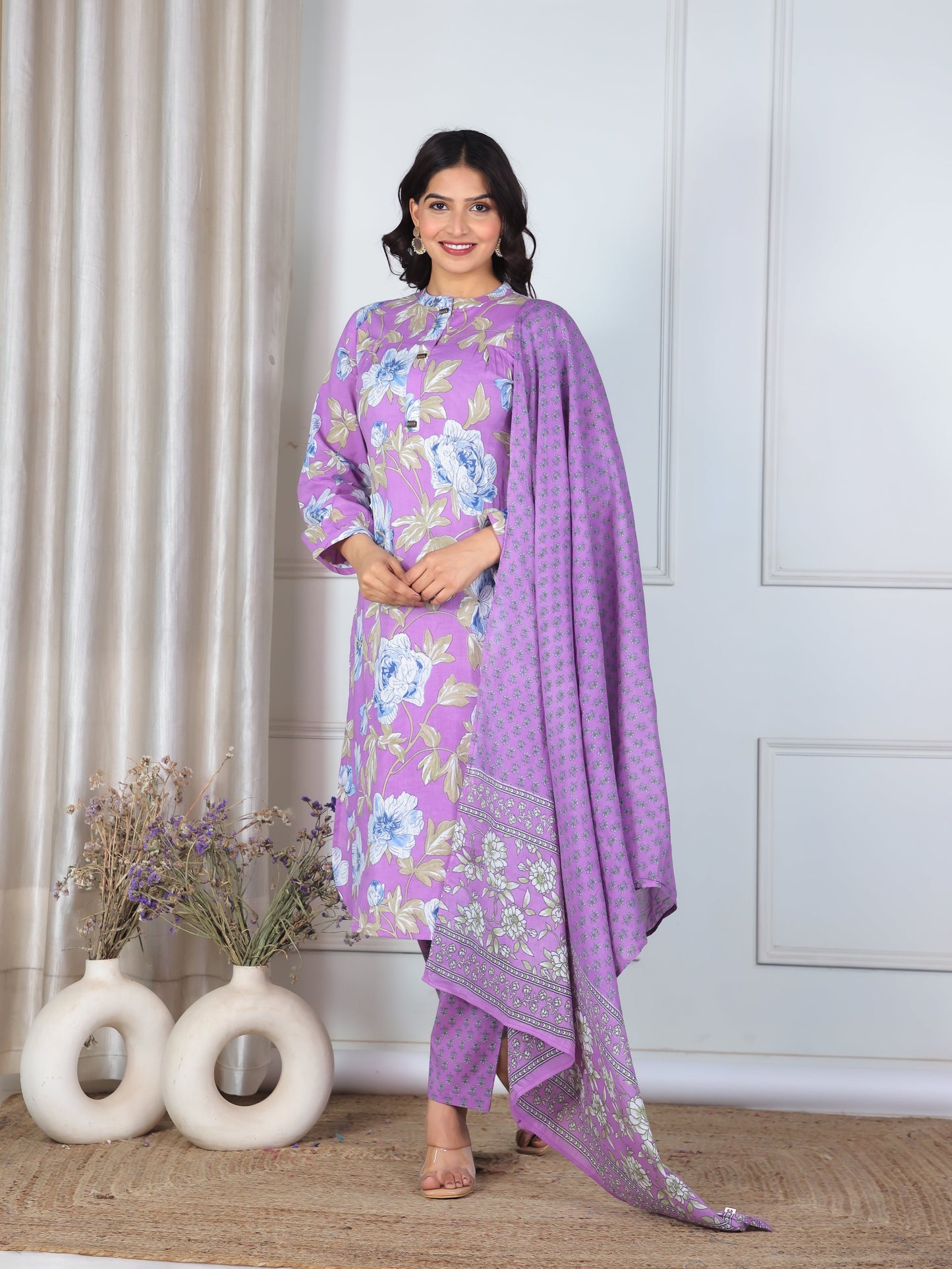 Cotton Voile Floral Purple Dupatta