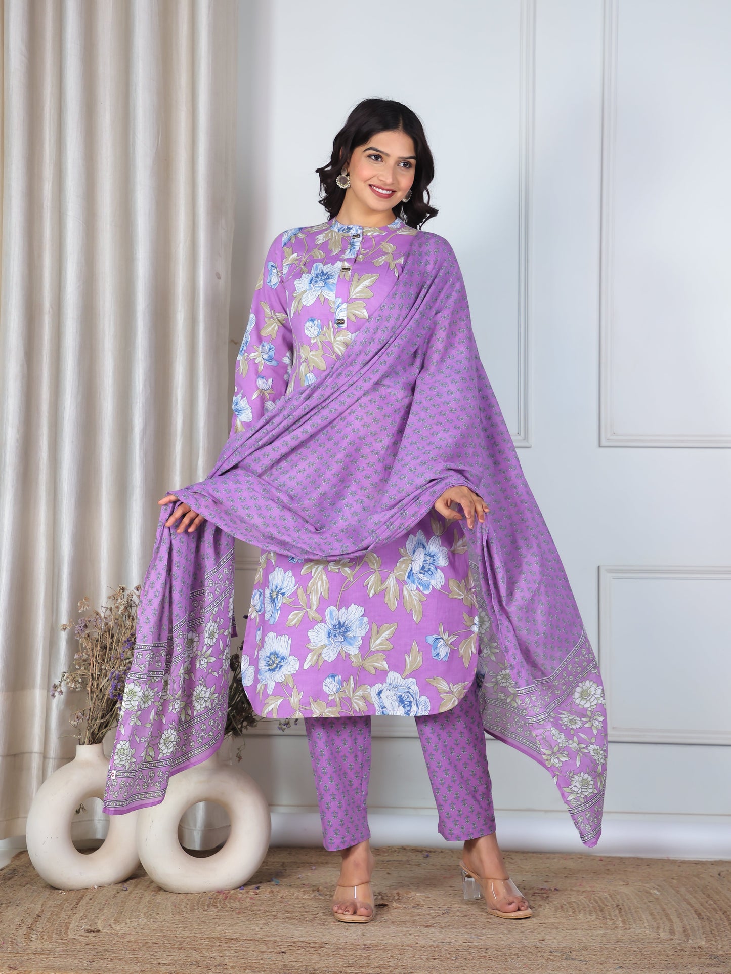 Cotton Voile Floral Purple Dupatta