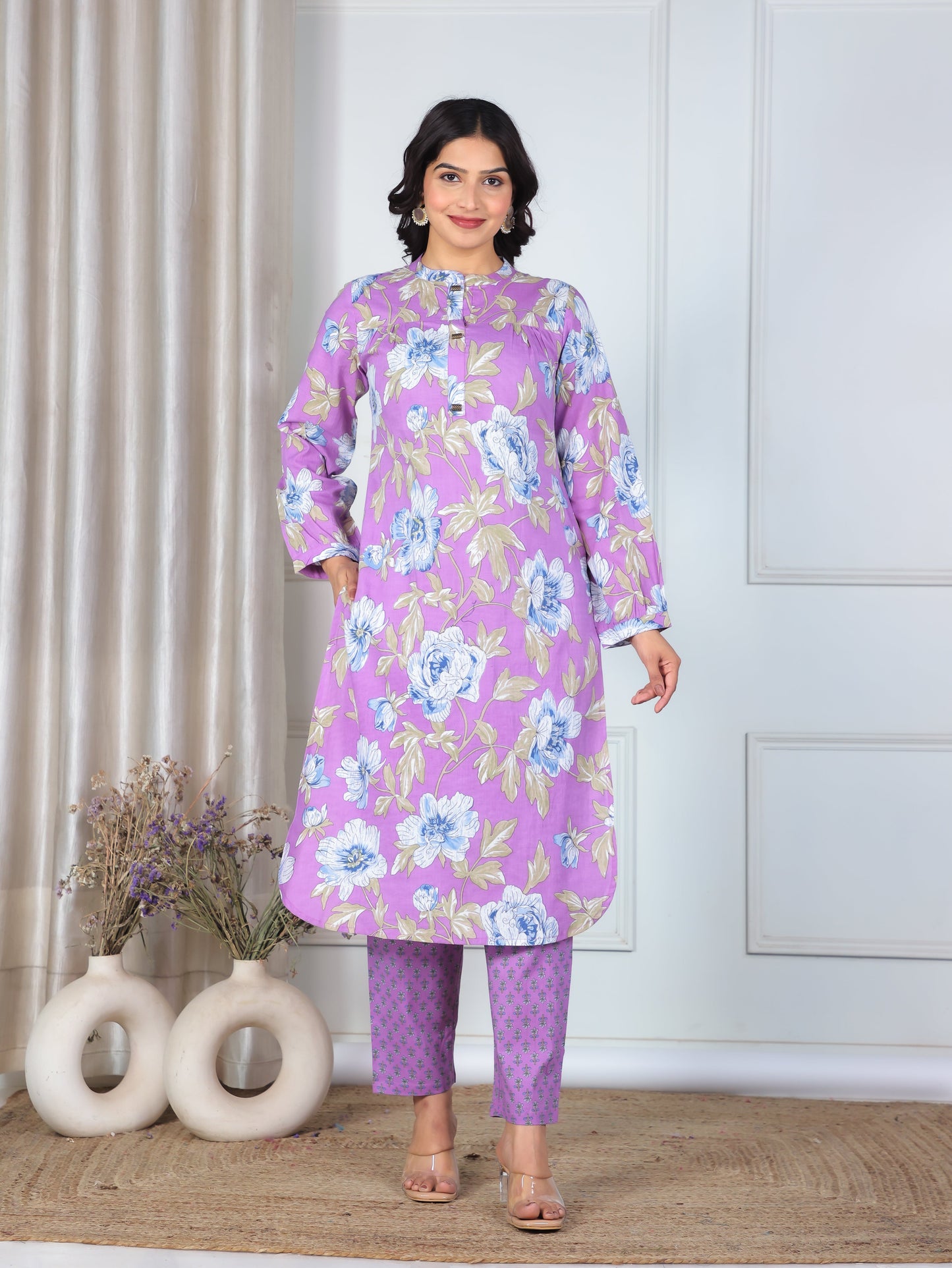 Soft Cotton Floral Straight Purple Kurta