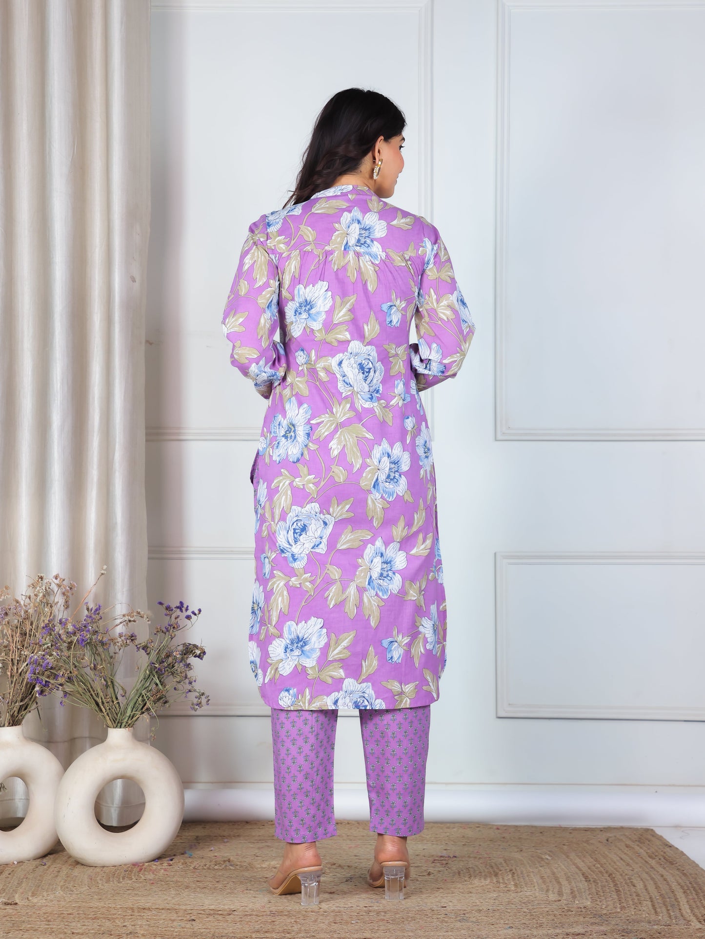 Soft Cotton Floral Straight Purple Kurta