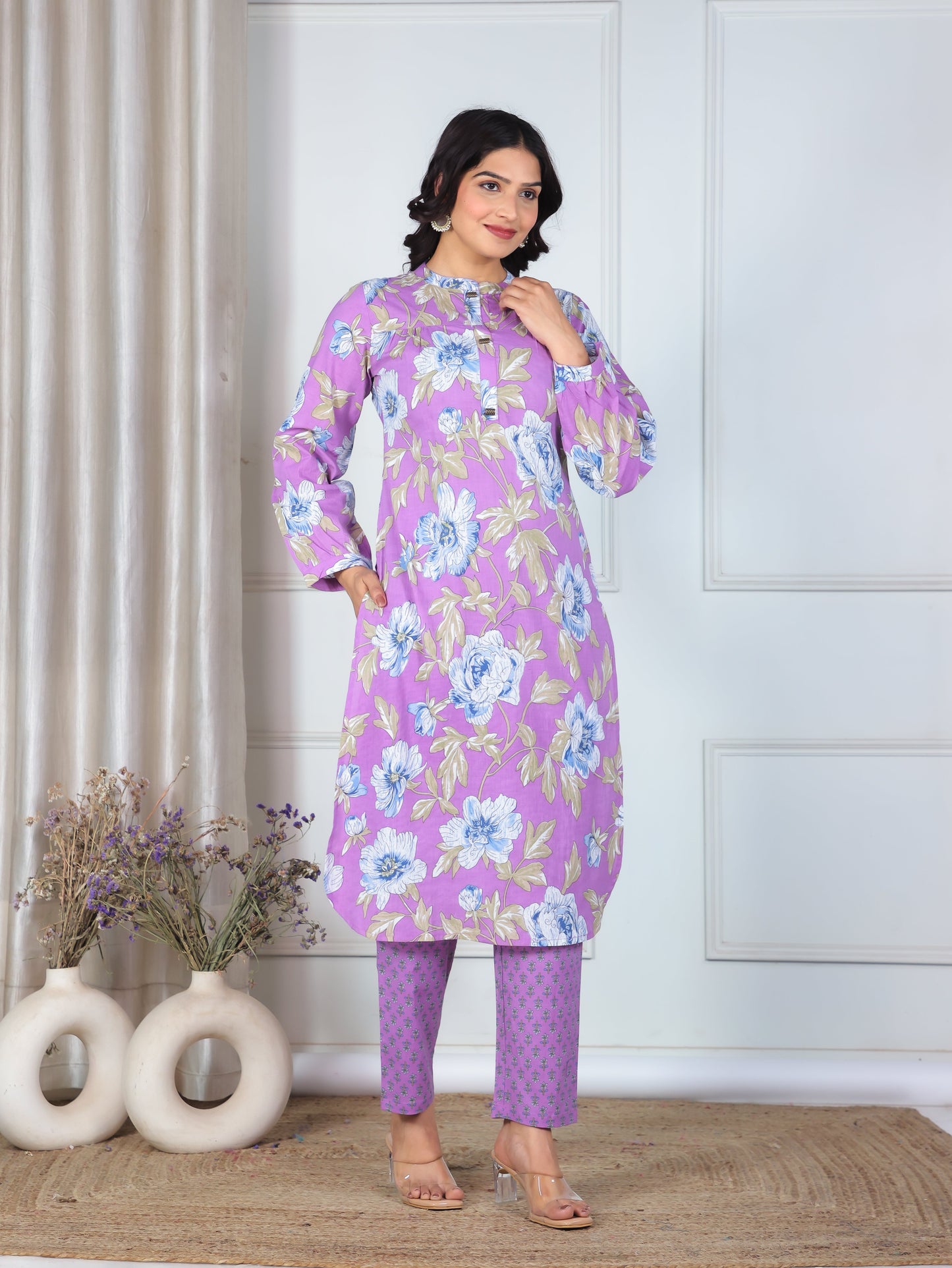 Soft Cotton Floral Straight Purple Kurta
