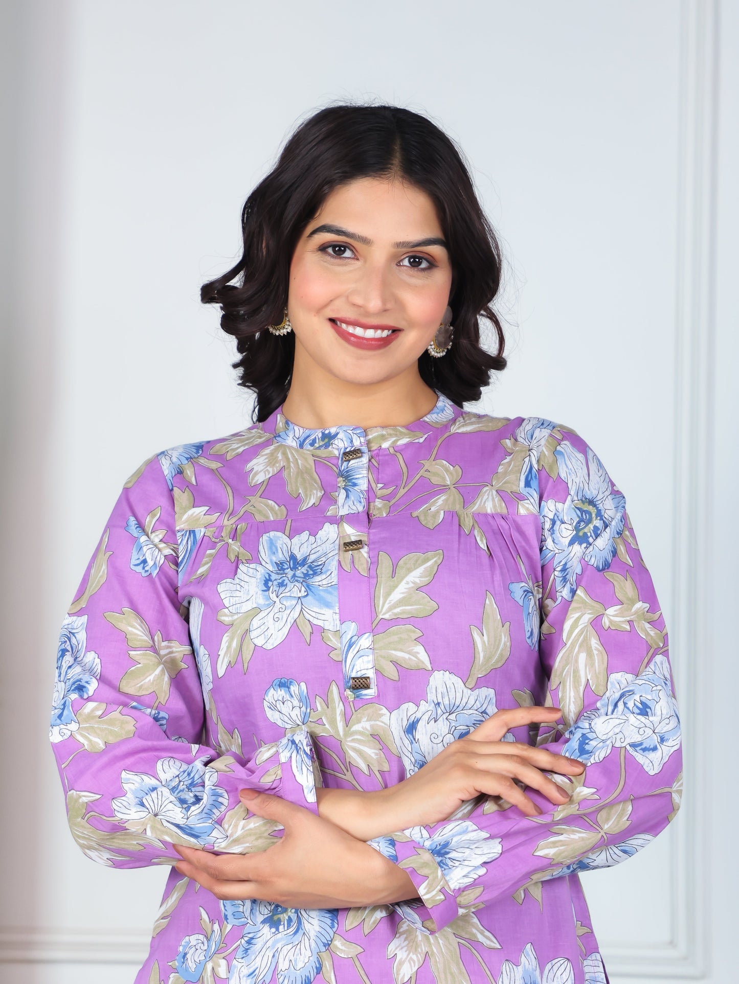 Soft Cotton Floral Straight Purple Kurta