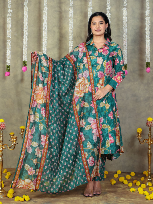 Cotton Voile Floral Green Dupatta