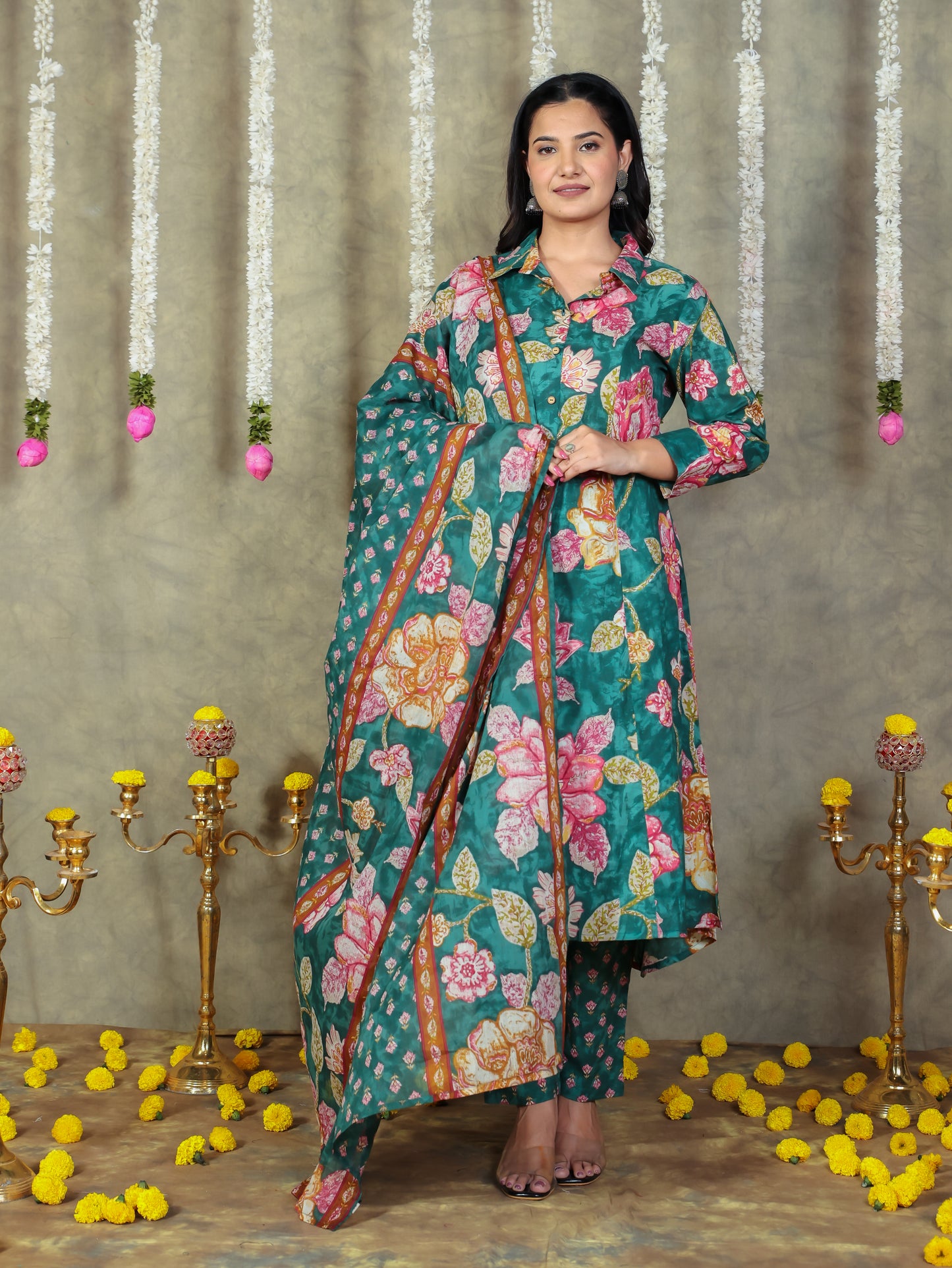 Cotton Voile Floral Green Dupatta