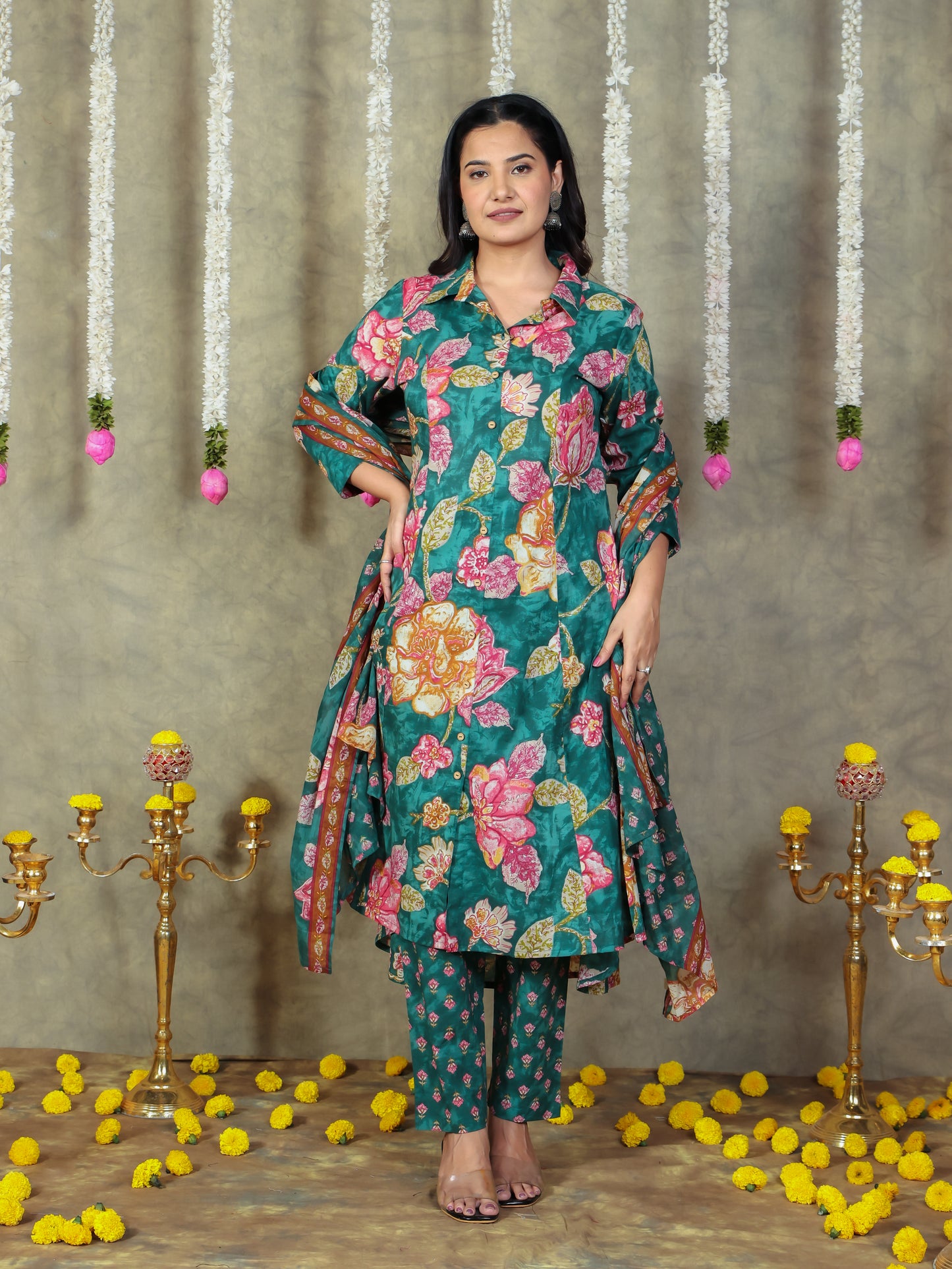 Cotton Voile Floral Green Dupatta