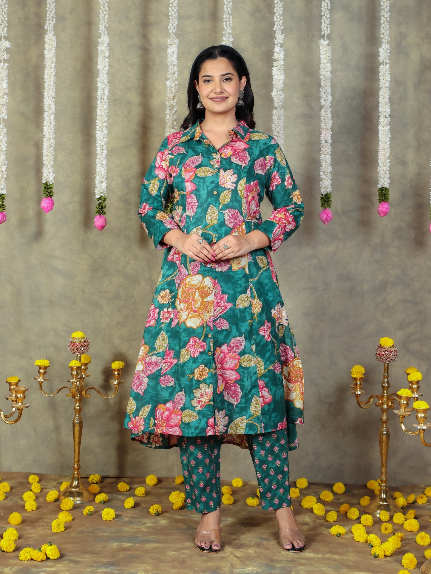 Soft Cotton Floral High Low Green Kurta