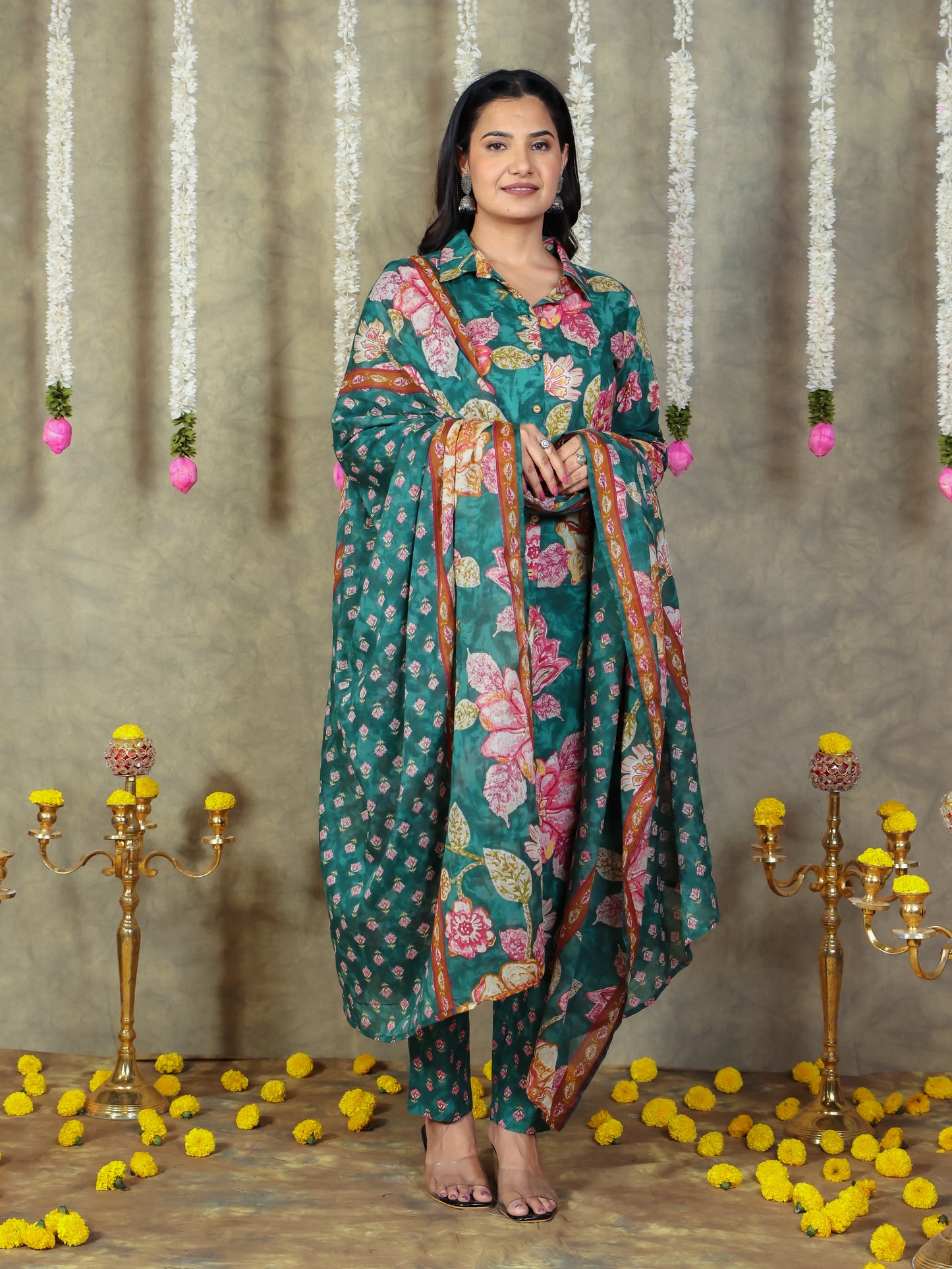 Soft Cotton Floral High Low Green Kurta
