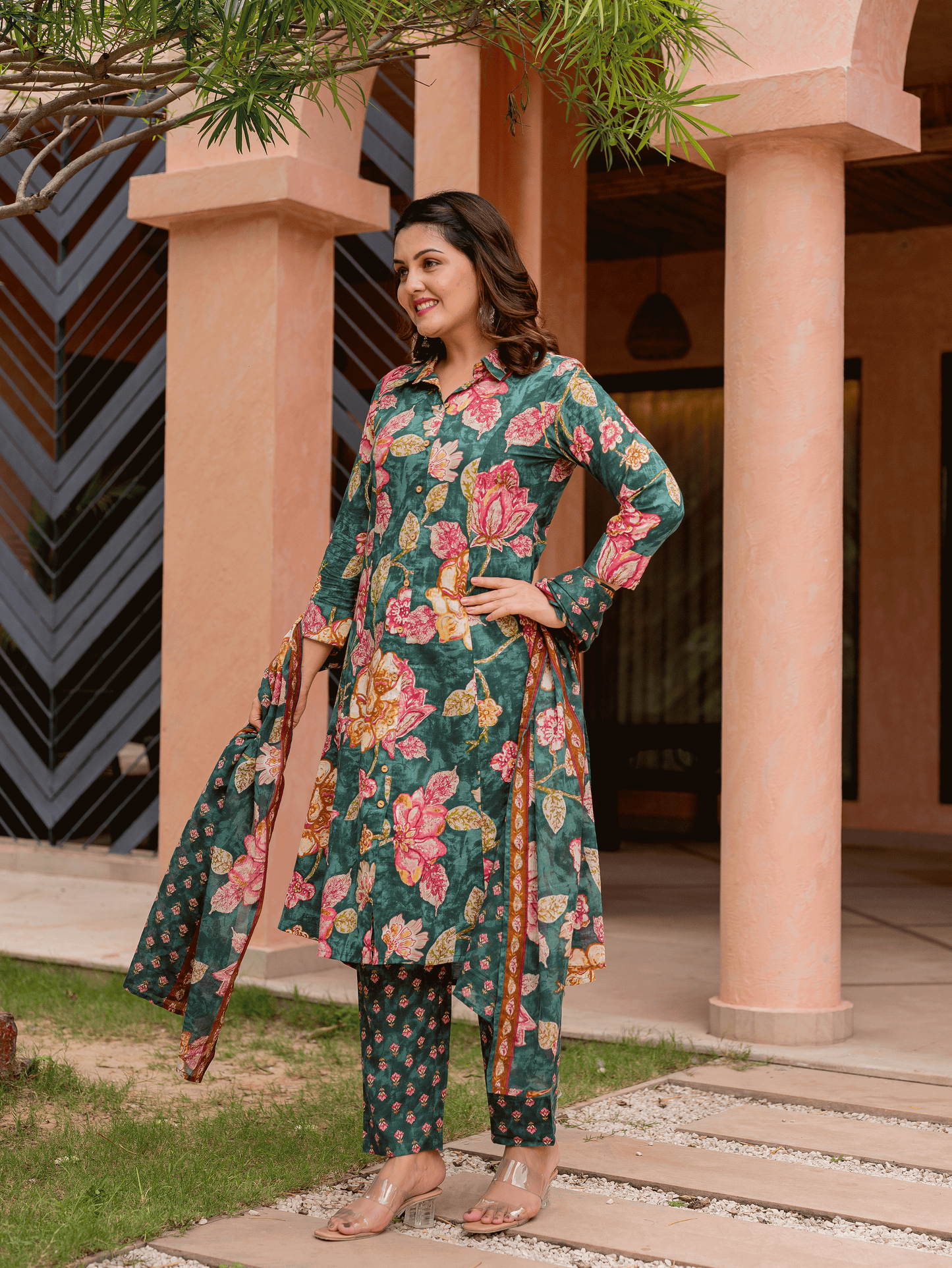 Soft Cotton Floral High Low Green Kurta