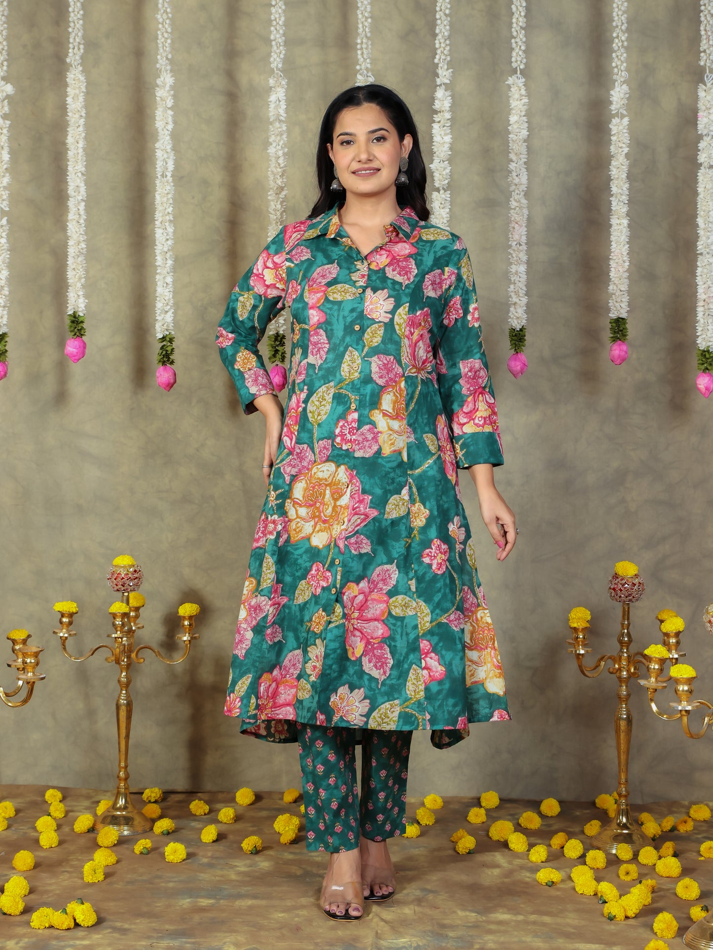 Soft Cotton Floral High Low Green Kurta